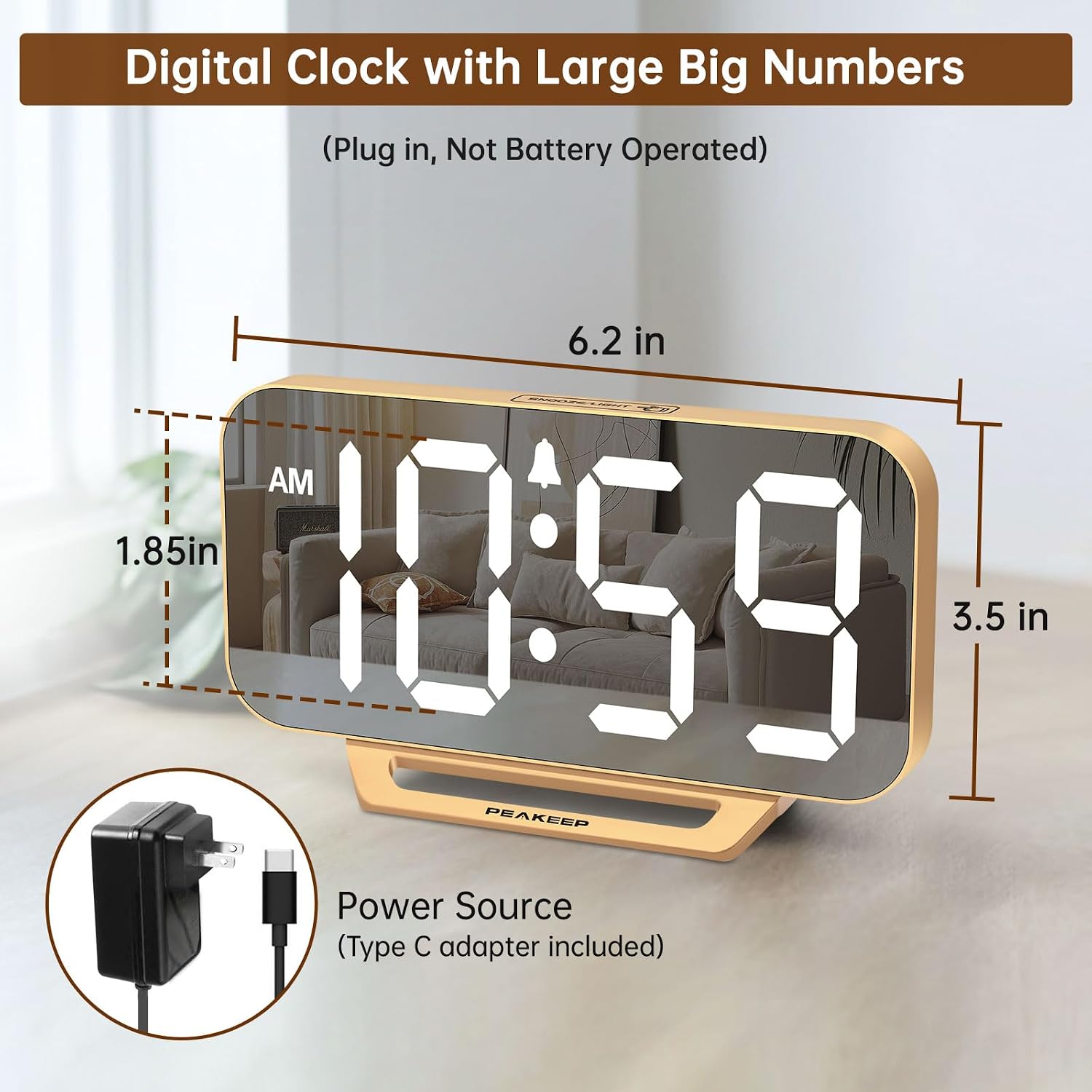 Peakeep Slim Digital Mirror Aesthetic Alarm Clock For Bedrooms Desk Decor | Plug In Electric Big Led Modern Small Clock For Office Living Room, Battery Backup, 6 Dimmers (Gold)