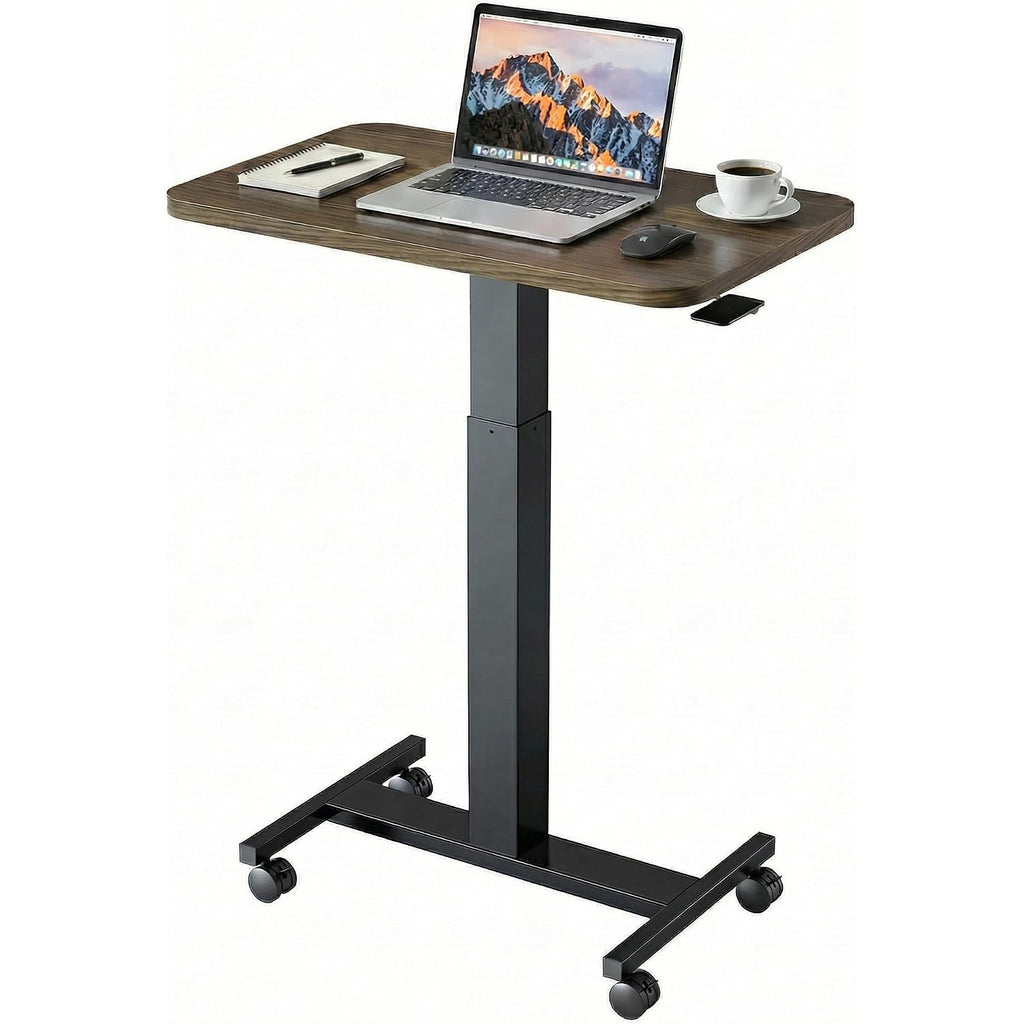 Huanuo Small Rolling Laptop Standing Desk, Height Adjustable Mobile T-Base Desk With Lockable Casters, Portable Sit-Stand Workstation For Bedside & Sofa, Walnut