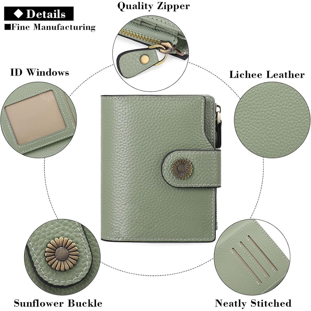 Women'S Lightweight Genuine Leather Wallet, Includes Card Holders, Rfid-Blocking, Lightweight, Photo & Id Holder, Green