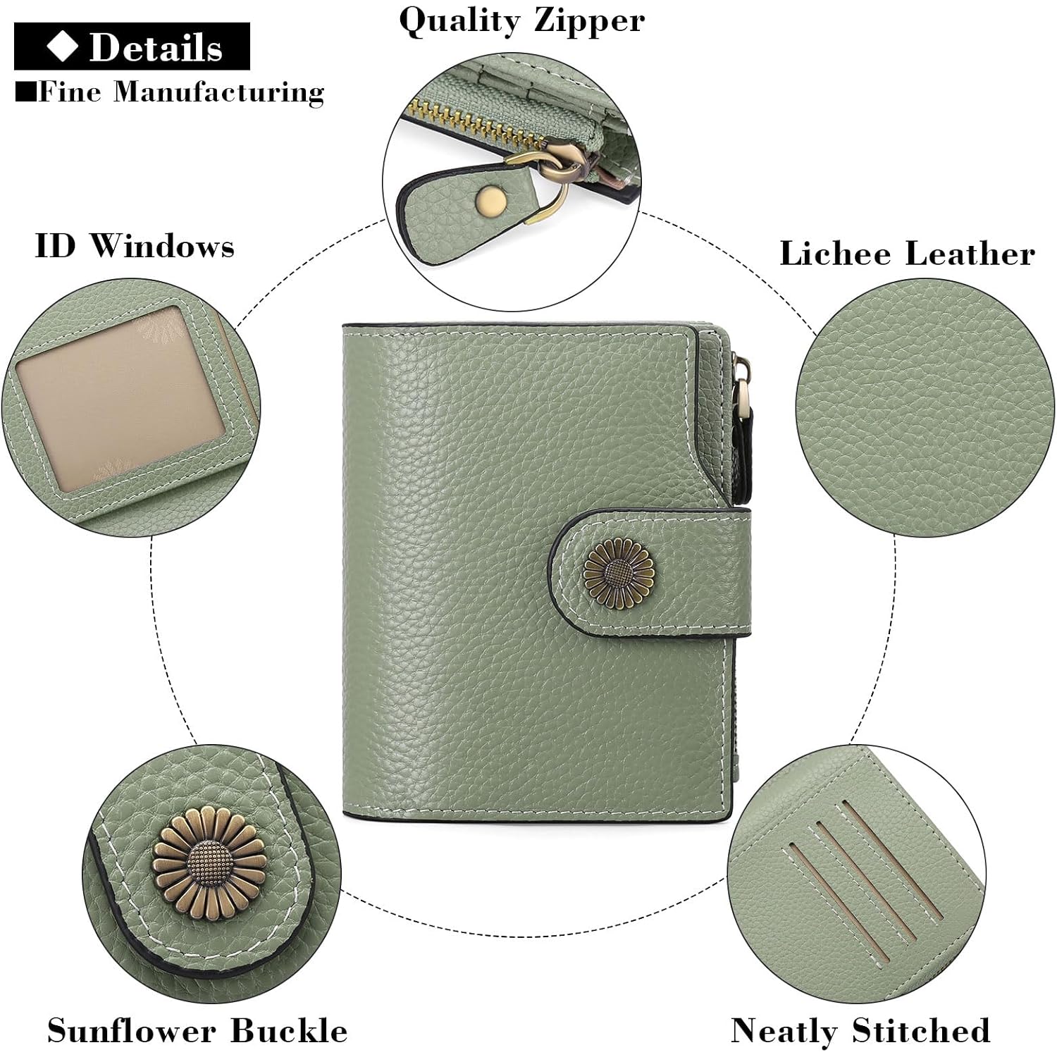 Women'S Lightweight Genuine Leather Wallet, Includes Card Holders, Rfid-Blocking, Lightweight, Photo & Id Holder, Green