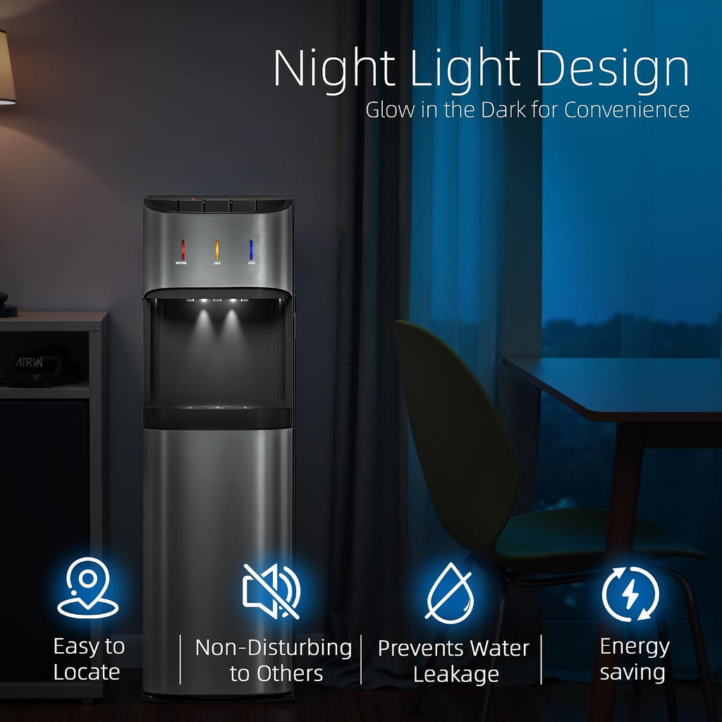 Bottom Loading Water Cooler Dispenser For 3-5 Gallon Bottles, 3 Temperature - Hot, Cold & Room Water With Child Lock, Ideal Design For Home & Office, Satin Silver