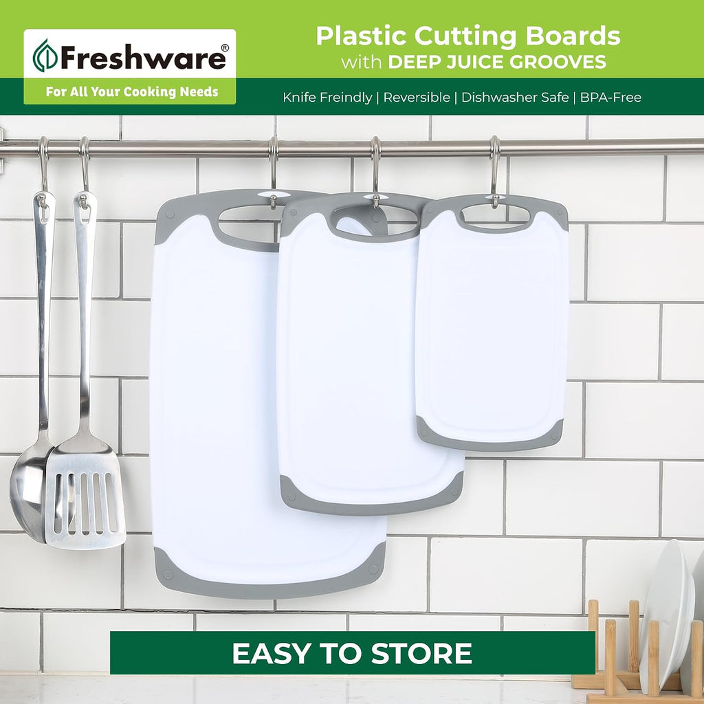 Freshware Cutting Boards For Kitchen, Chopping Board 3-Pack With Different Sizes, Juice Grooves And Non Slip Handles - Reversible, Large Cutting Board Set - Dishwasher Safe - Gray