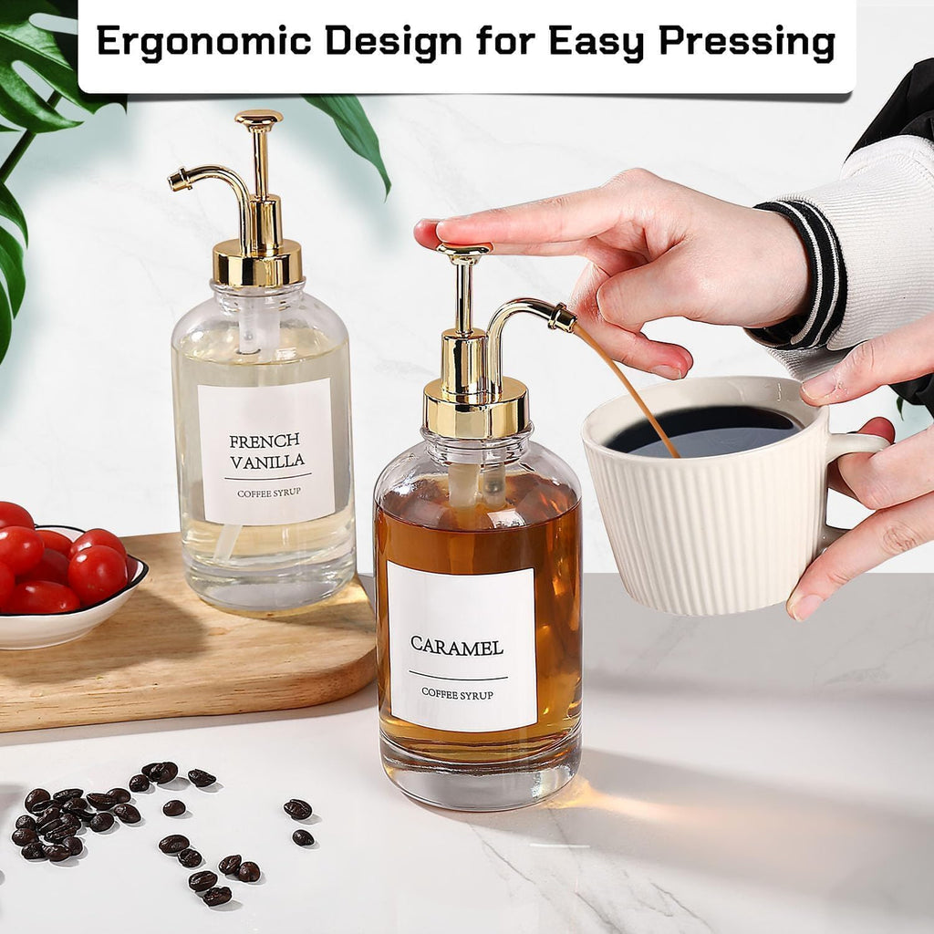 Coffee Bar Accessories,Coffee Syrup Dispenser With Labels For Coffee Bar,Pack Of 4,Total 67.6 Oz (Gold Pump)