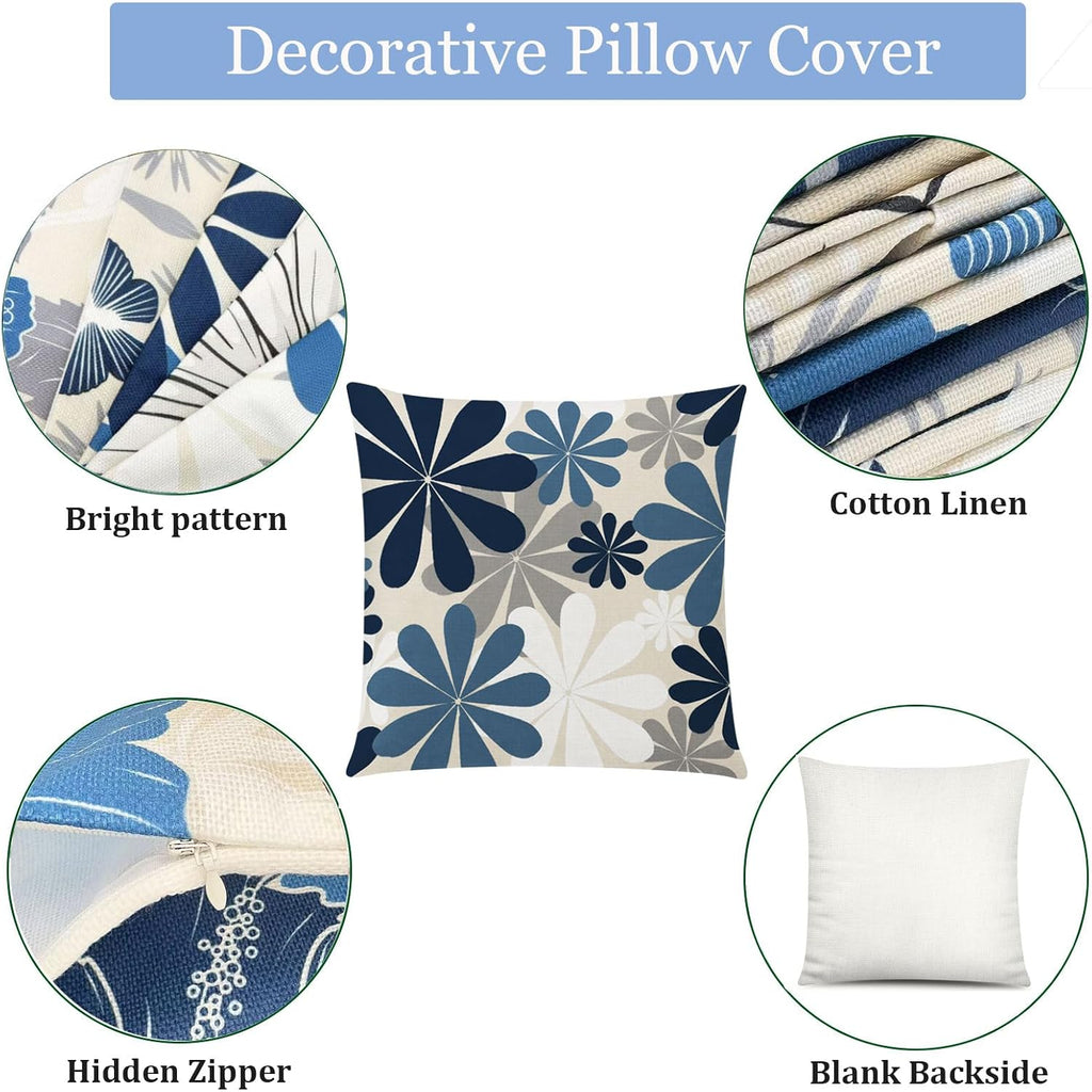 Comminy Blue White Pillow Covers 18X18 Set Of 6, Daisy Flower Throw Pillow Cover Case Square Cushion Cover For Sofa Bedroom Living Room Farmhouse Home Decor