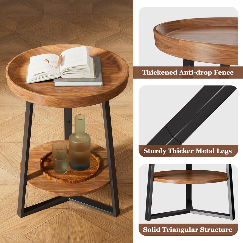 Round End Table With Storage Shelf, 2 Tier Farmhouse Side Table Nightstand For Living Room, Bedroom, Wood Tabletop & Black Metal Frame, Brown 15.7 * 15.7 * 23.0Inches