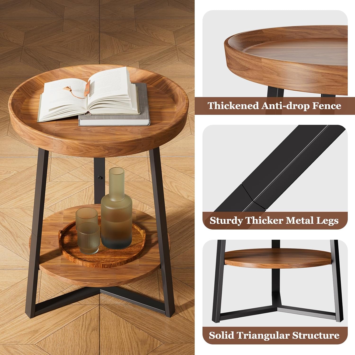 Round End Table With Storage Shelf, 2 Tier Farmhouse Side Table Nightstand For Living Room, Bedroom, Wood Tabletop & Black Metal Frame, Brown 15.7 * 15.7 * 23.0Inches