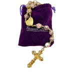 Nazareth Store Catholic Pink Crystal Beads Gold Rosary Flowers Beaded Necklace Holy Mary Heart Locket Medal & Cross Religious Amulet for Women