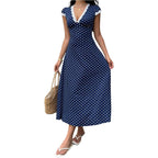 Milumia Women'S Polka Dots Lace Trim Deep V Neck Dress Short Sleeve Flared Long Dresses
