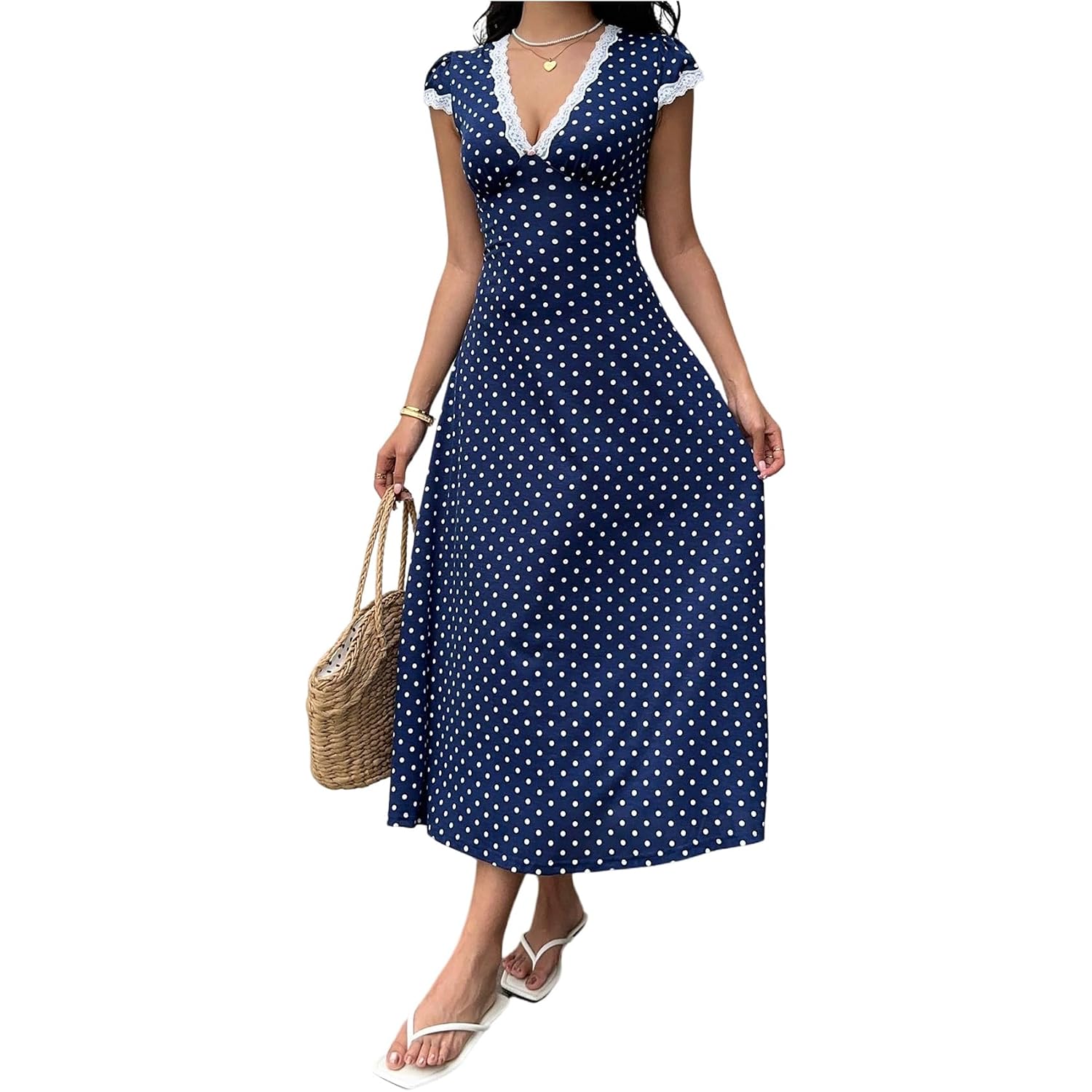 Milumia Women'S Polka Dots Lace Trim Deep V Neck Dress Short Sleeve Flared Long Dresses