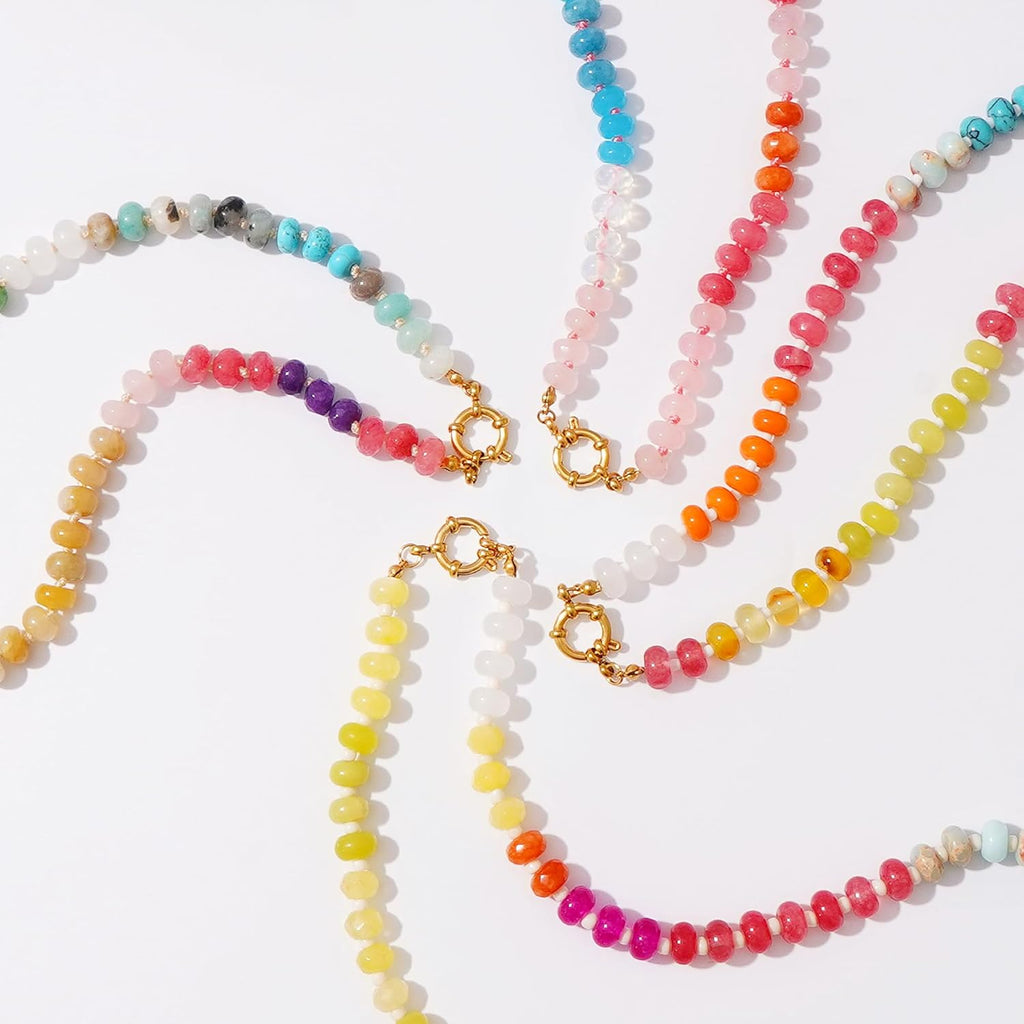 LALAPPLE Colorful Beaded Gemstone Necklace for Women, Boho Rainbow Bead Choker with Natural Stone Crystal Beads, Handmade Summer Beach Necklace Jewelry