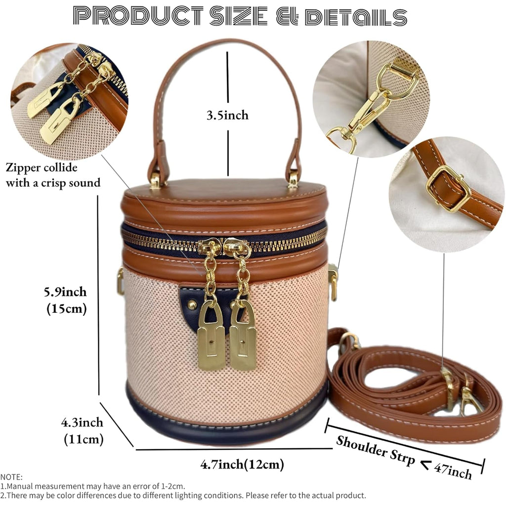 Retro Bucket Bag Color Contrast Cylinder Purse | Senior Sense Style, Single Shoulder Crossbody, Zipper Closure, 4.7X6
