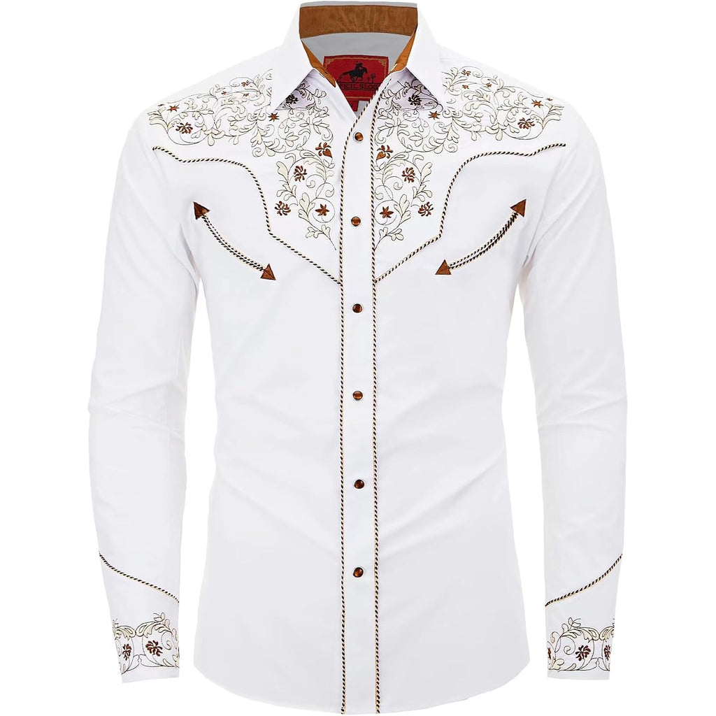 Men'S Western Cowboy Shirt Embroidered Long Sleeve Casual Button Down Shirt