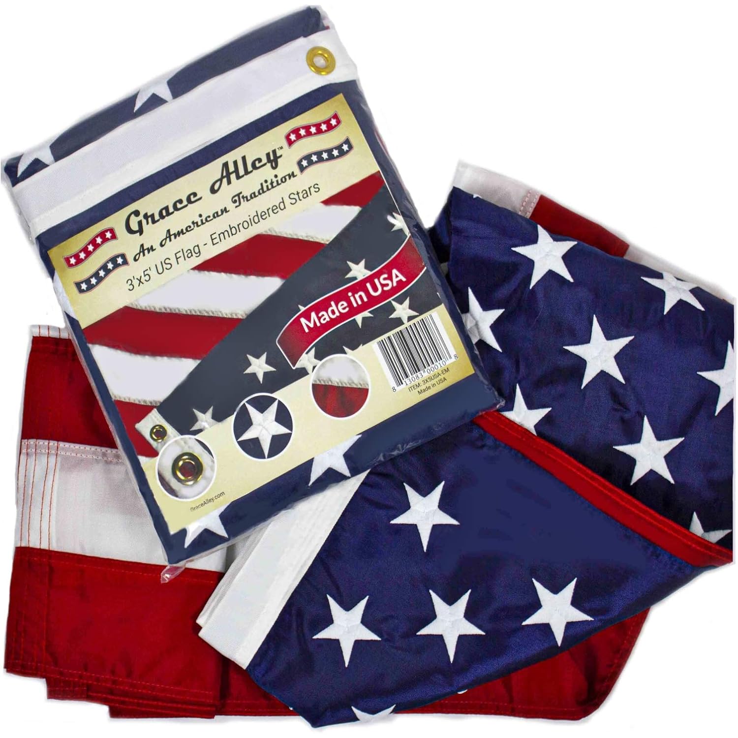 Grace Alley American Flag: 3X5 Ft Us Flag - 100% Made In Usa. Embroidered Stars, Sewn Stripes And Brass Grommets. Fade Resistant, Heavy Duty, Long Lasting Nylon For Outdoor Durability.