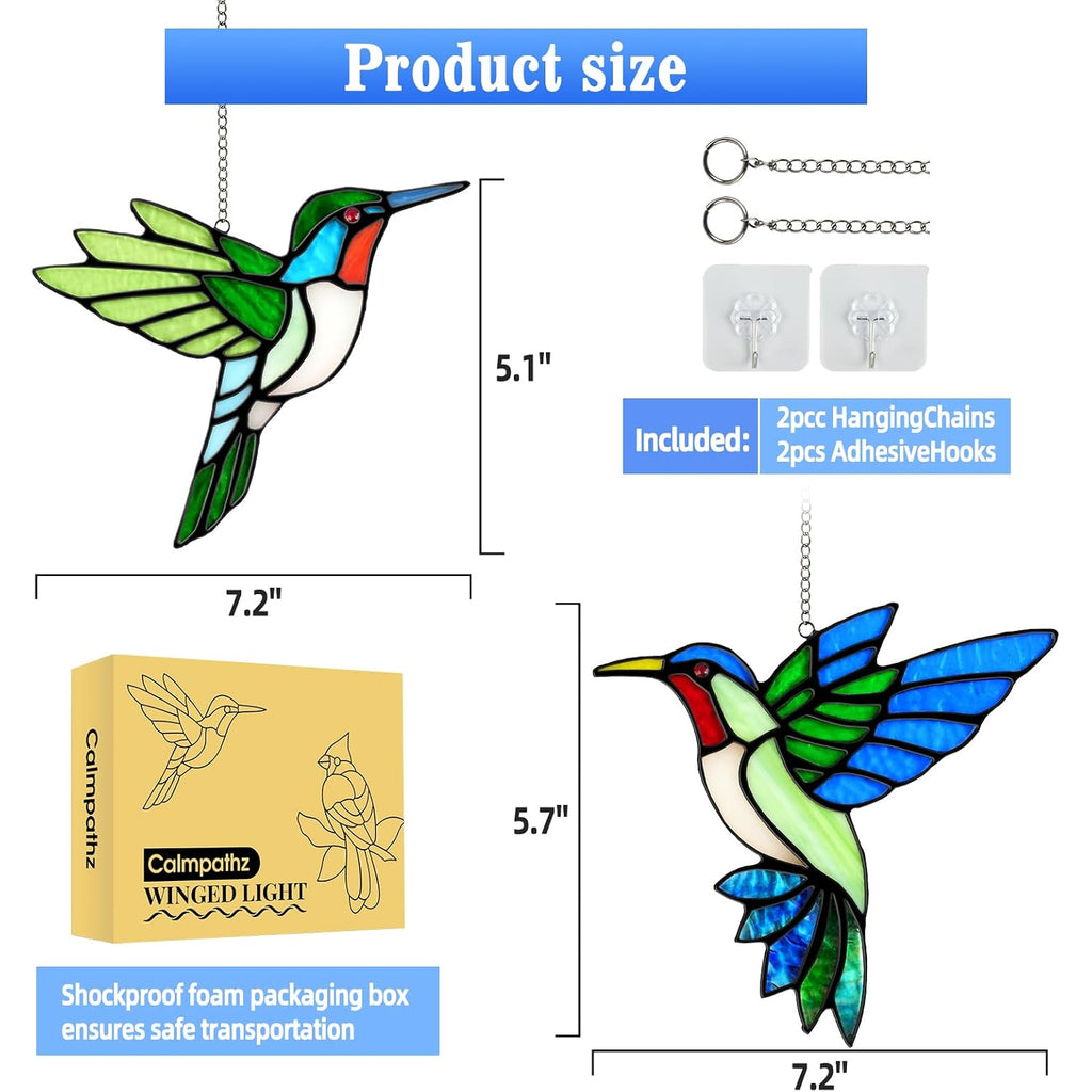 2 Packs Hummingbird Stained Glass Window Hanging Suncatchers - 6 Inch Handmade Real Glass With Copper Foil Edges, Bird Safe Gifts For Women Mom Grandma Bird Lovers(Suction Hooks Included)