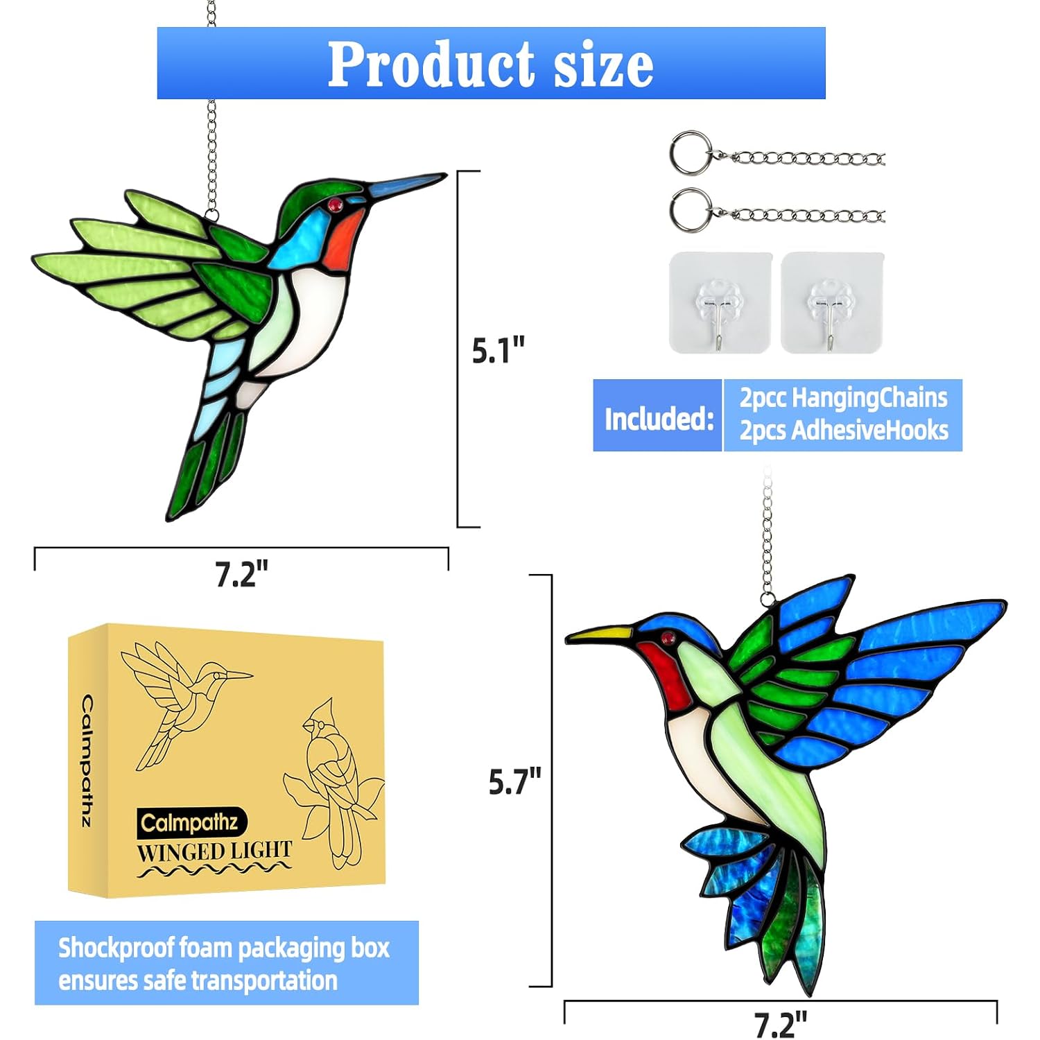 2 Packs Hummingbird Stained Glass Window Hanging Suncatchers - 6 Inch Handmade Real Glass With Copper Foil Edges, Bird Safe Gifts For Women Mom Grandma Bird Lovers(Suction Hooks Included)