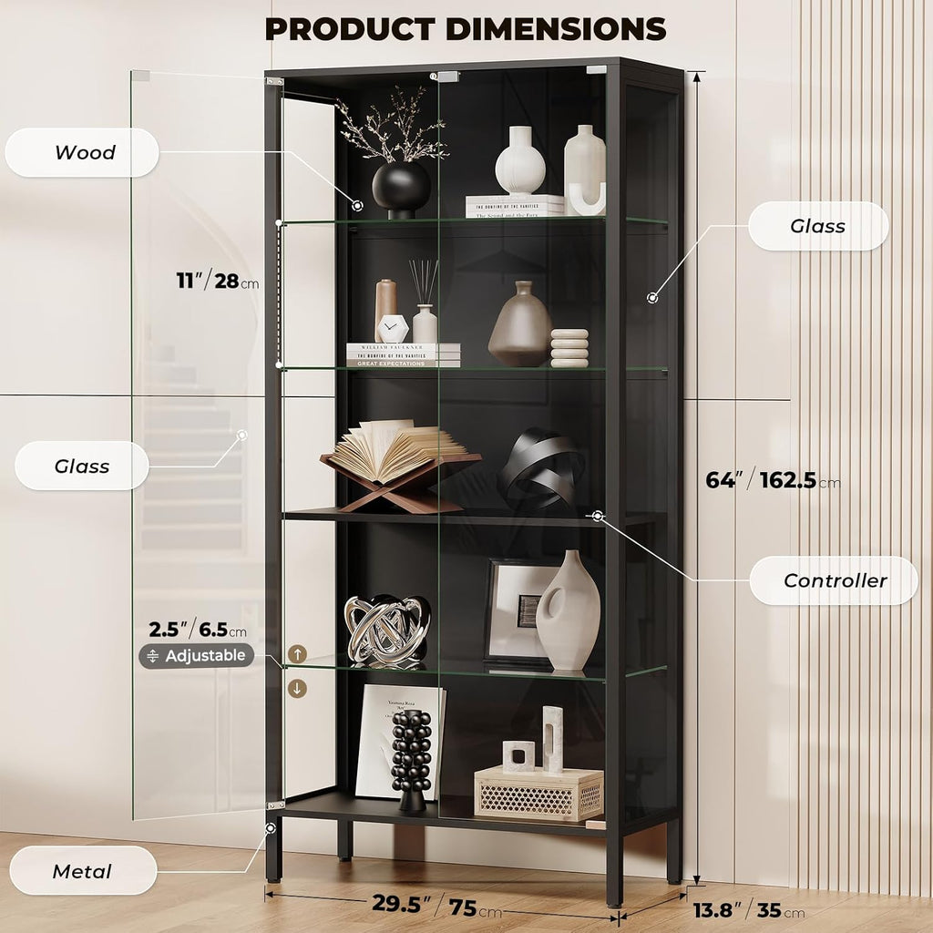 Glass Display Cabinet, 5-Tier Display Case With Adjustable Glass Shelves, Metal Curio Cabinet With 3 Color Lights For Collectibles, Bookcase With Human Body Sensor, Black