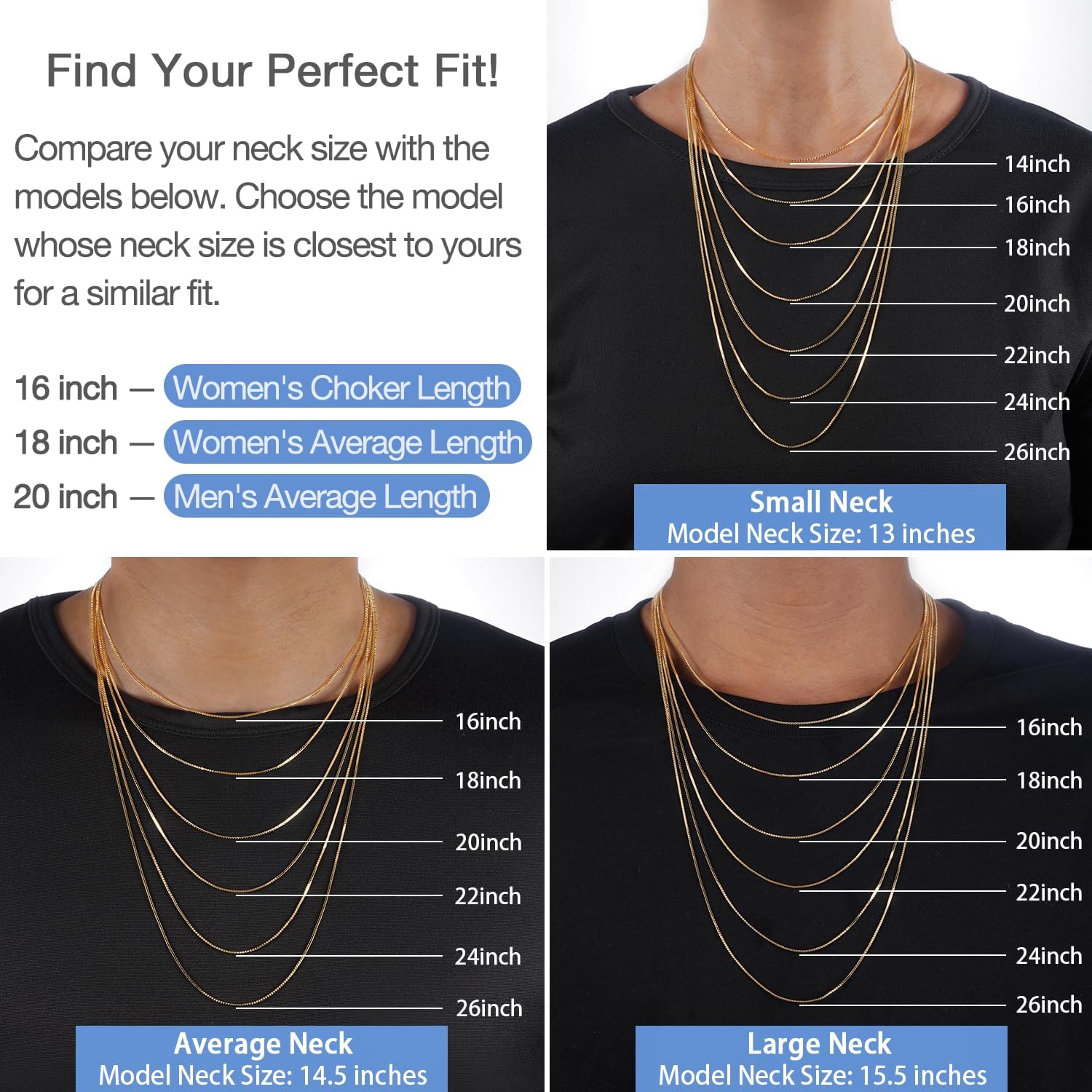 Jewlpire 1.3mm Box Chain 14K Gold Plated 925 Sterling Silver Chain Necklace for Women, Thin & Sturdy Womens Chains Necklace 14 16 18 20 22 24 26 Inches