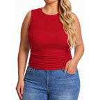 Cider Plus Size Tops For Women Sleeveless Ruched Crew Neck Crop Tank Top Summer Casual Outfits
