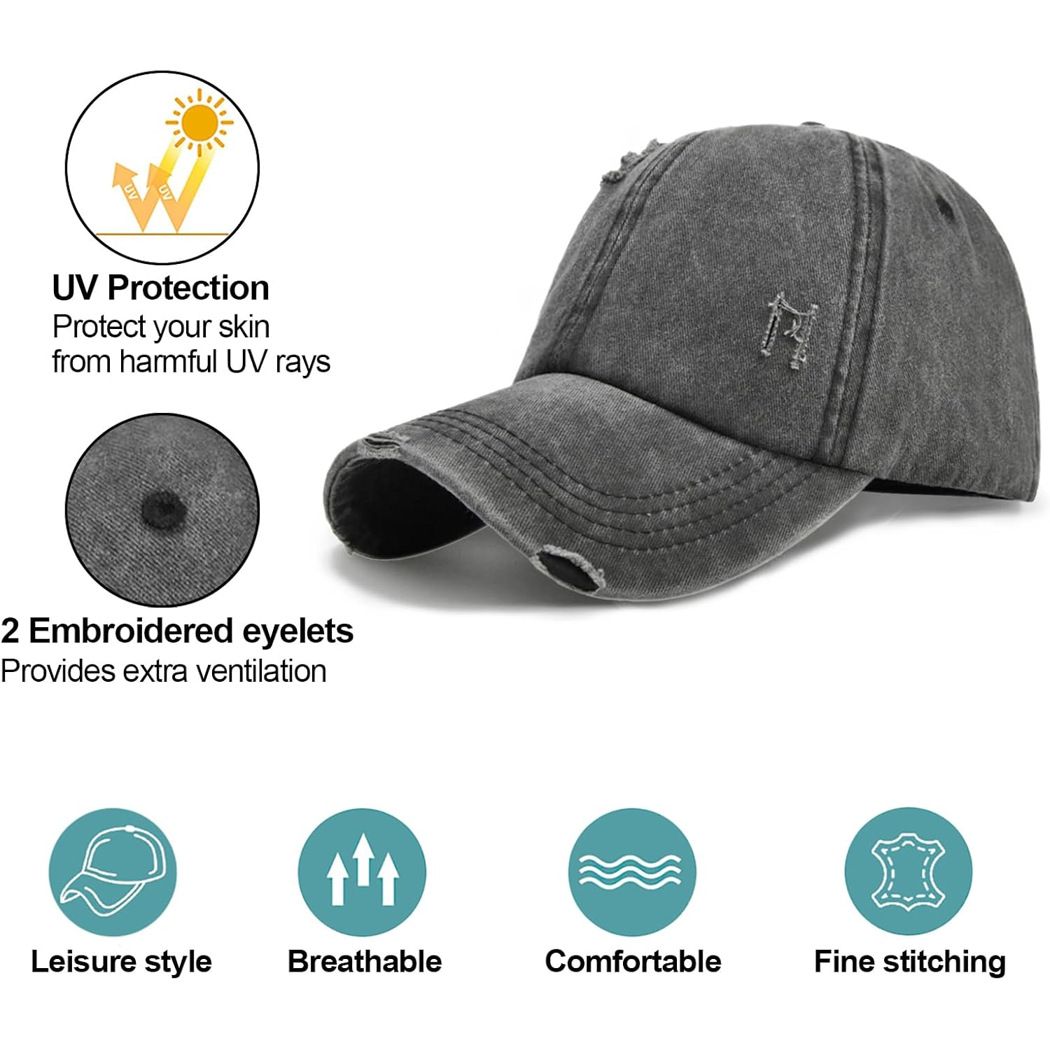 Enwokran Women Ponytail Hat Baseball Cap, Adjustable Criss Cross Messy Buns Ponycaps High Bun Cotton Distressed Hats Black