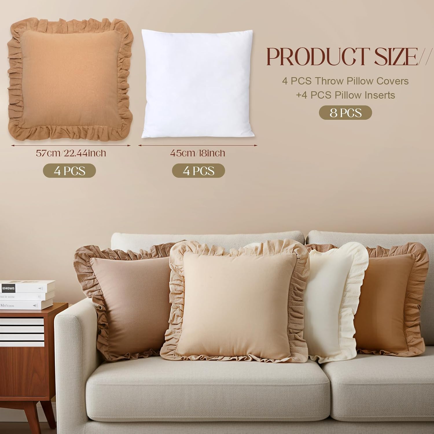 8 Packs Neutral Color Ruffle Pillow Covers with Inserts 18 x 18 Inches Soft Cotton Ruffle Pillowcase Rustic Boho Farmhouse Modern Home Decor for Bed Sofa Living Room Couch