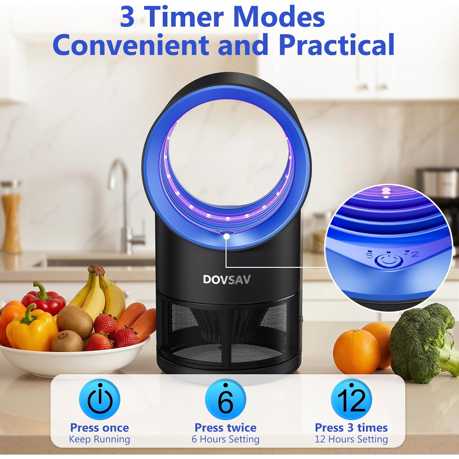 Fruit Fly Trap For Indoors, Blue Bug Zapper Indoor With Suction & Timer | Uv Light Lures Fruit Flies/Gnats, Timer 6/12Hrs, Plug In Fly Trap With Suction, Kid & Pet Applicable, Low Noise, 10 Refills