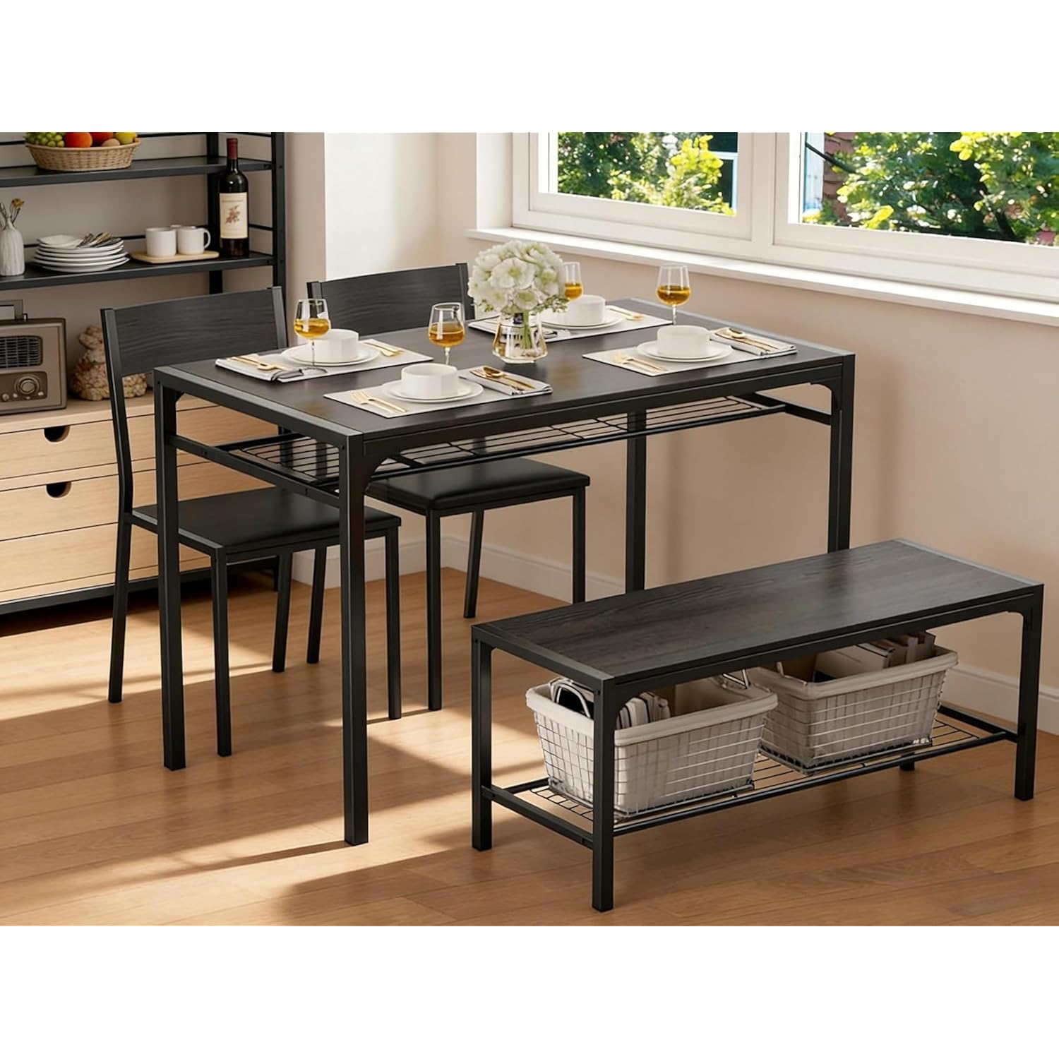 Gizoon Kitchen Table And 2 Chairs For 4 With Bench, 4 Piece Dining Table Set For Small Space, Apartment