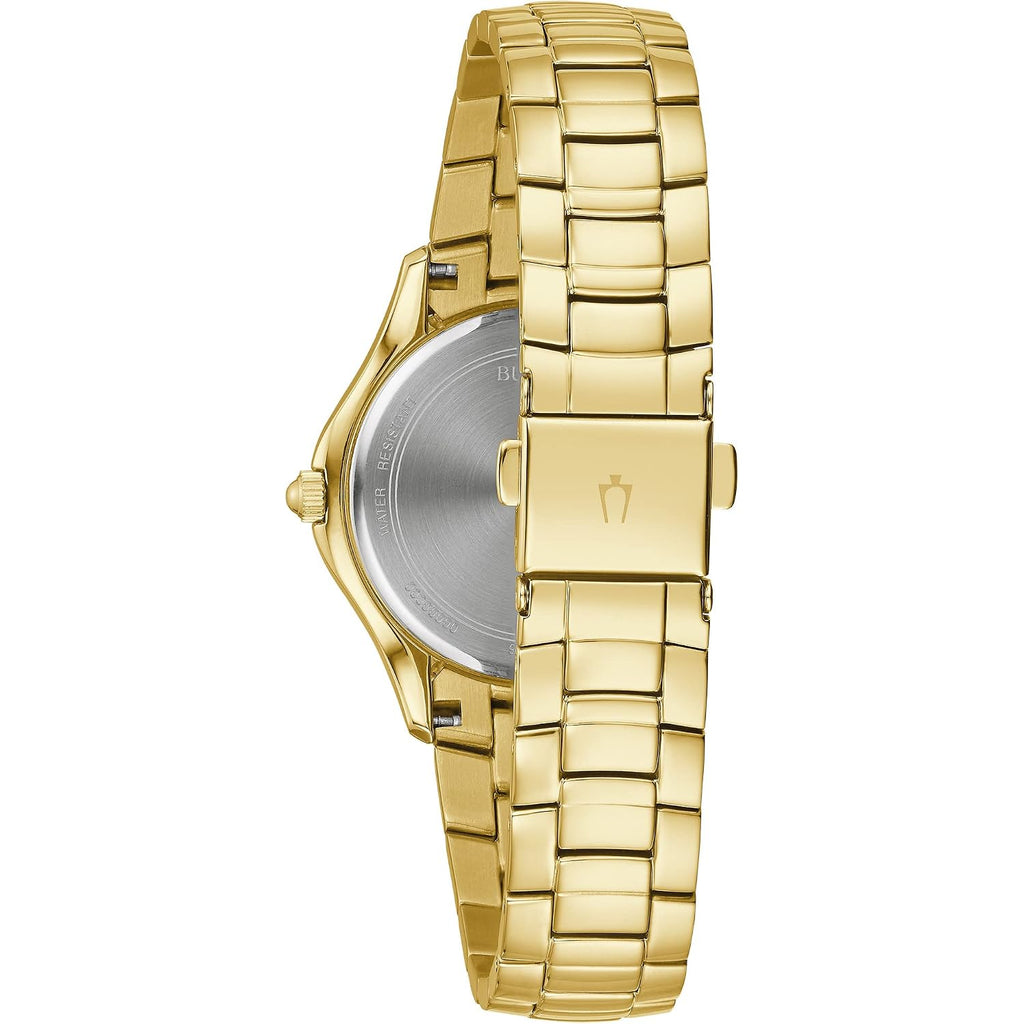 Bulova Ladies' Crystal Stainless Steel 3-Hand Quartz Watch, White Mother-Of-Pearl Dial