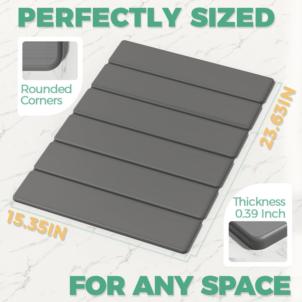 Stone Bath Mat - Non-Slip Foldable Diatomite Bath Mat 23.6 X 15.3”, Super Absorbent & Quick Drying Bathroom Mat | Easy To Clean Shower Floor Mat, Dark Gray