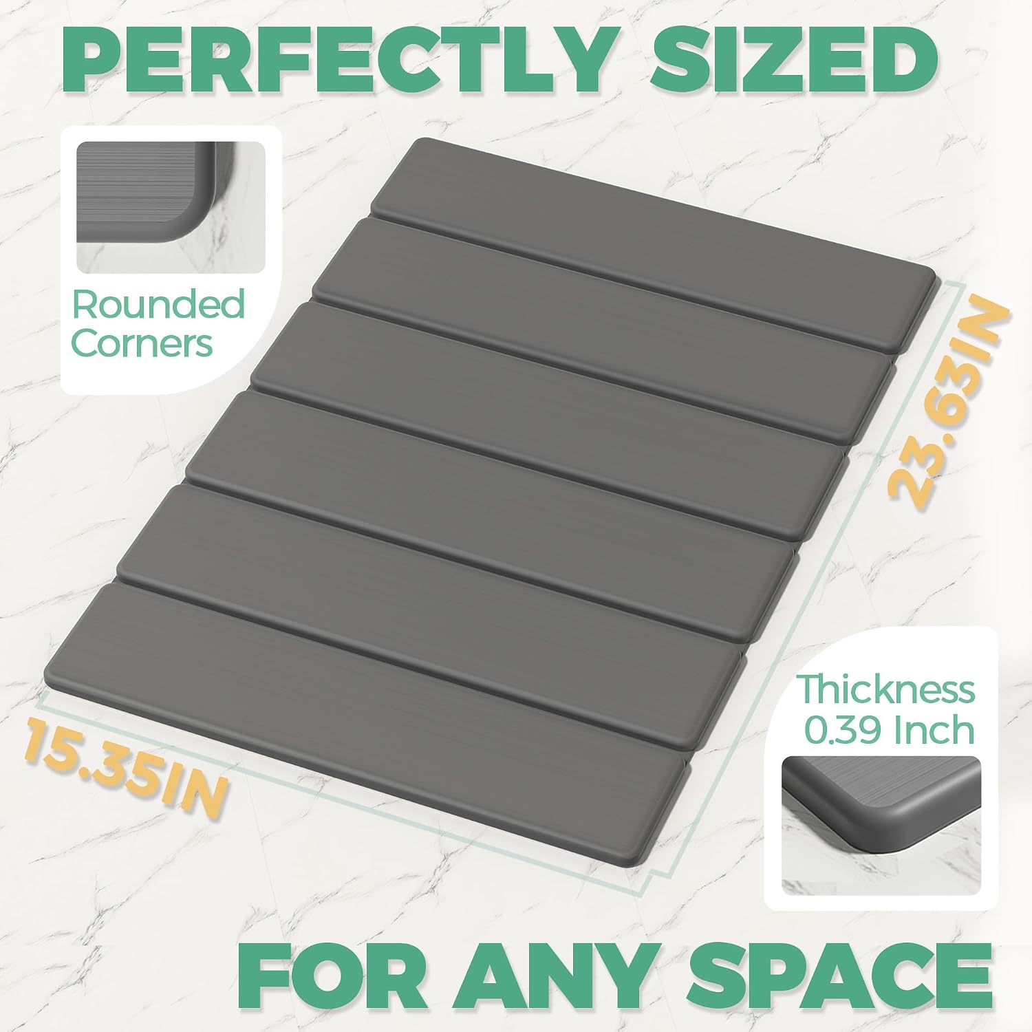 Stone Bath Mat - Non-Slip Foldable Diatomite Bath Mat 23.6 X 15.3”, Super Absorbent & Quick Drying Bathroom Mat | Easy To Clean Shower Floor Mat, Dark Gray