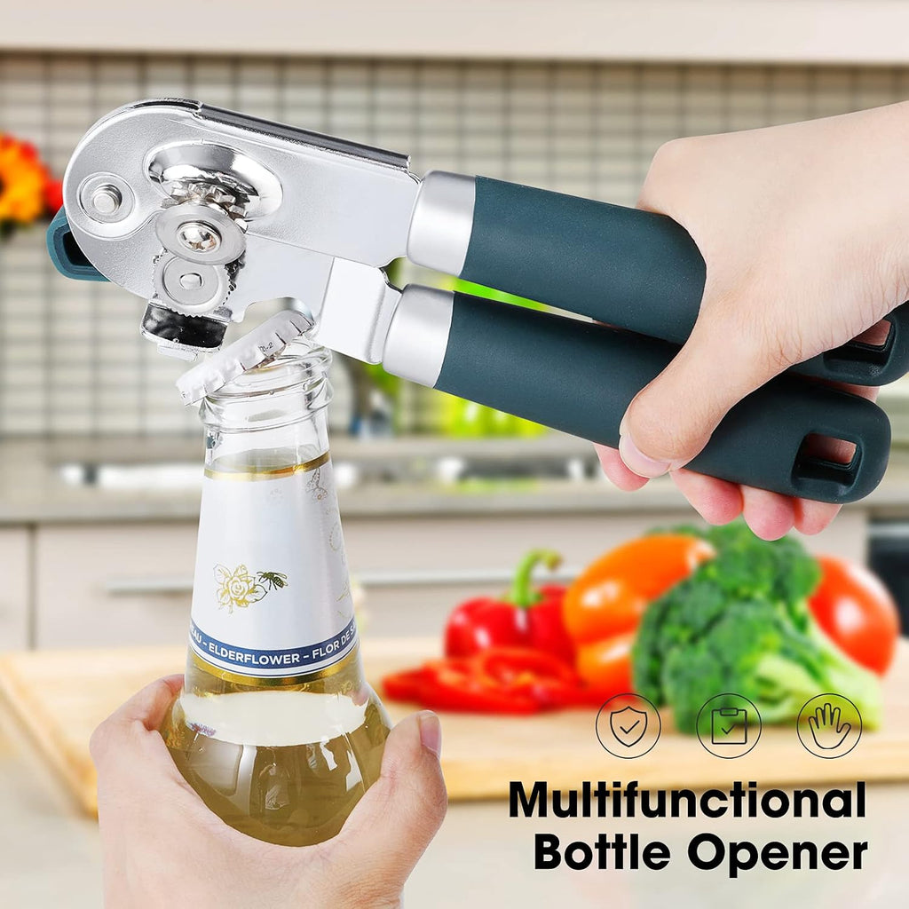 Beneno Heavy Duty Hand Can Opener Manual With Magnet, Durable Sharp Carbon Steel Blade Smooth Cutting, Big Effort-Saving Knob & Soft Grip Handle, Multifunctional Kitchen Tool With Bottle Opener, Green