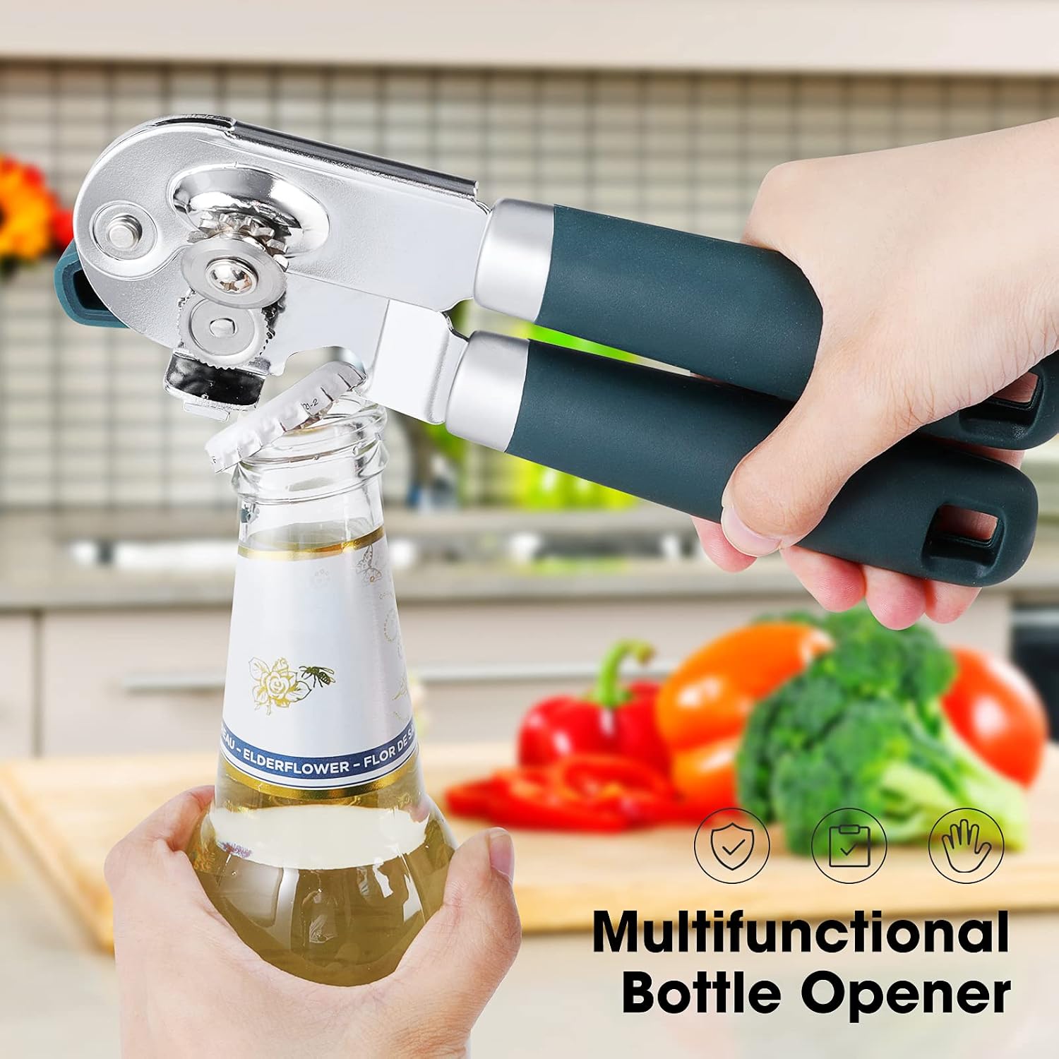 Beneno Heavy Duty Hand Can Opener Manual With Magnet, Durable Sharp Carbon Steel Blade Smooth Cutting, Big Effort-Saving Knob & Soft Grip Handle, Multifunctional Kitchen Tool With Bottle Opener, Green