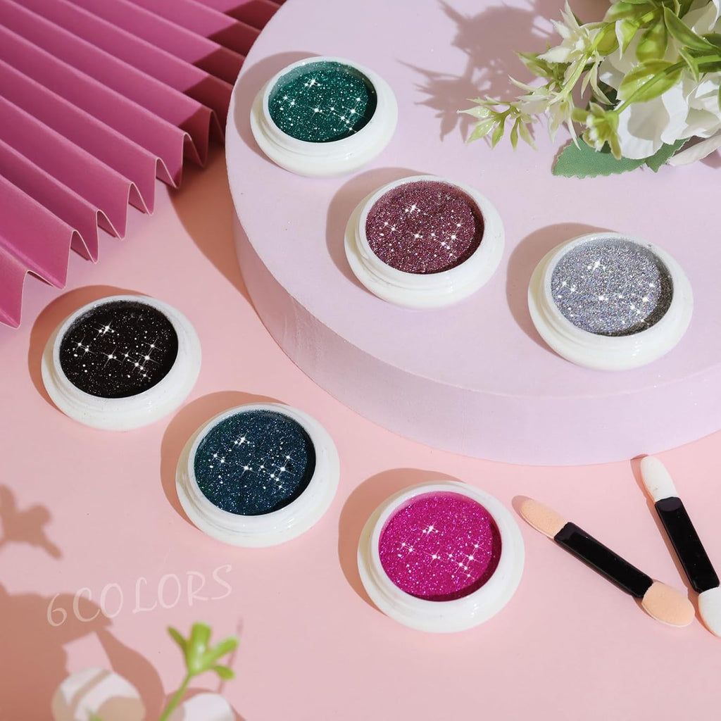 Chrome Nail Powder 6 Boxes Metallic Mirror Effect Nail Art Powder, Holographic Pigment Glitter Dust for Gel Polish Manicure Decoration with 6 Eyeshadow Sticks