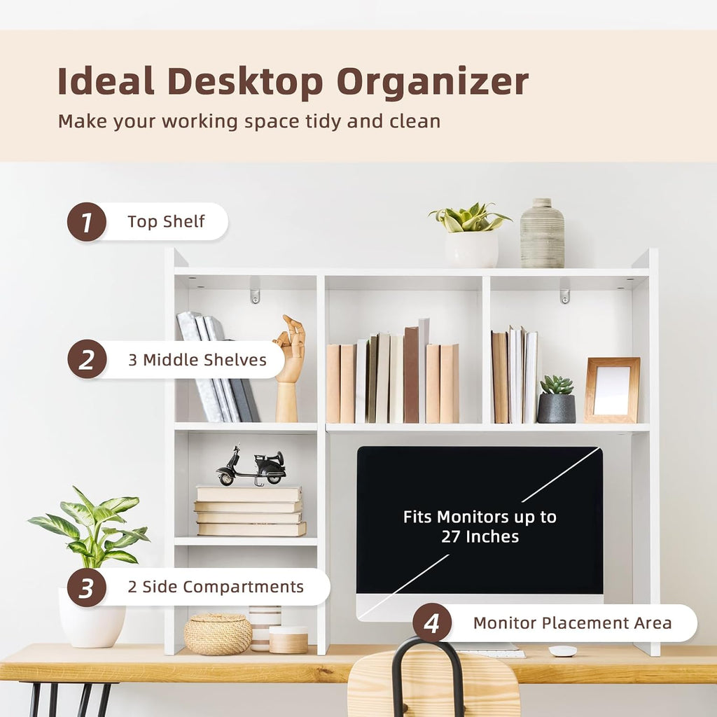 Oook White Desk Hutch, Dorm Organizers And Storage, Desktop Bookshelf With 5 Shelves, 3-Tier Wooden Desktop Organizer, Computer Desk With Hutch For Office Dorm Home