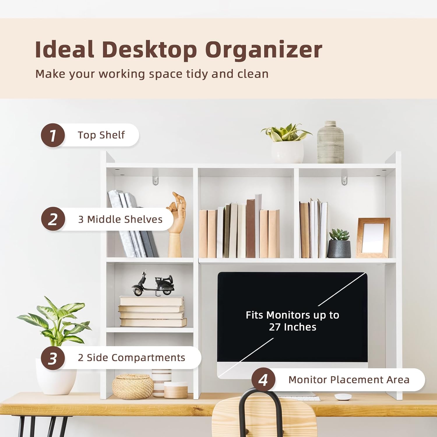 Oook White Desk Hutch, Dorm Organizers And Storage, Desktop Bookshelf With 5 Shelves, 3-Tier Wooden Desktop Organizer, Computer Desk With Hutch For Office Dorm Home