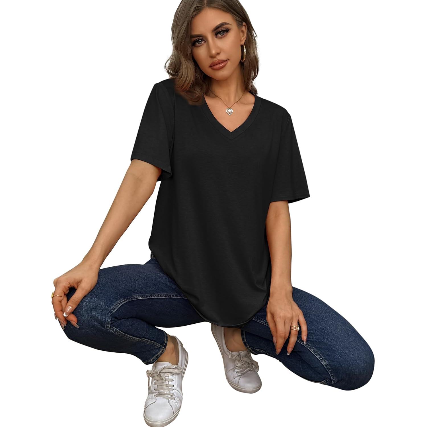 Womens V Neck Short Sleeve T Shirts Summer Tops 2026 Casual Loose Tees Trending Now S-4XL