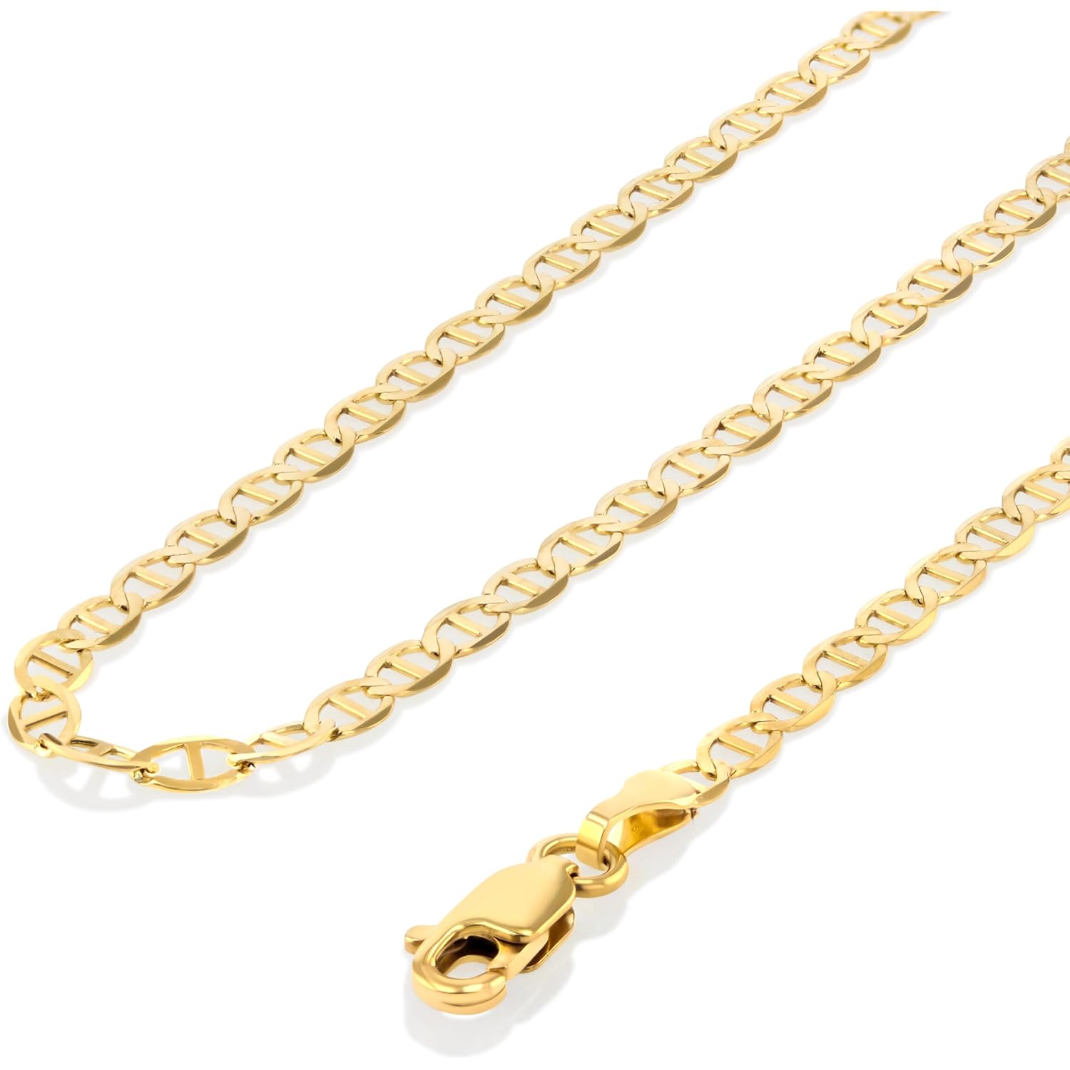 Ioka - 14K Yellow Solid Gold 3.4mm Flat Mariner Chain Necklace with Lobster Clasp