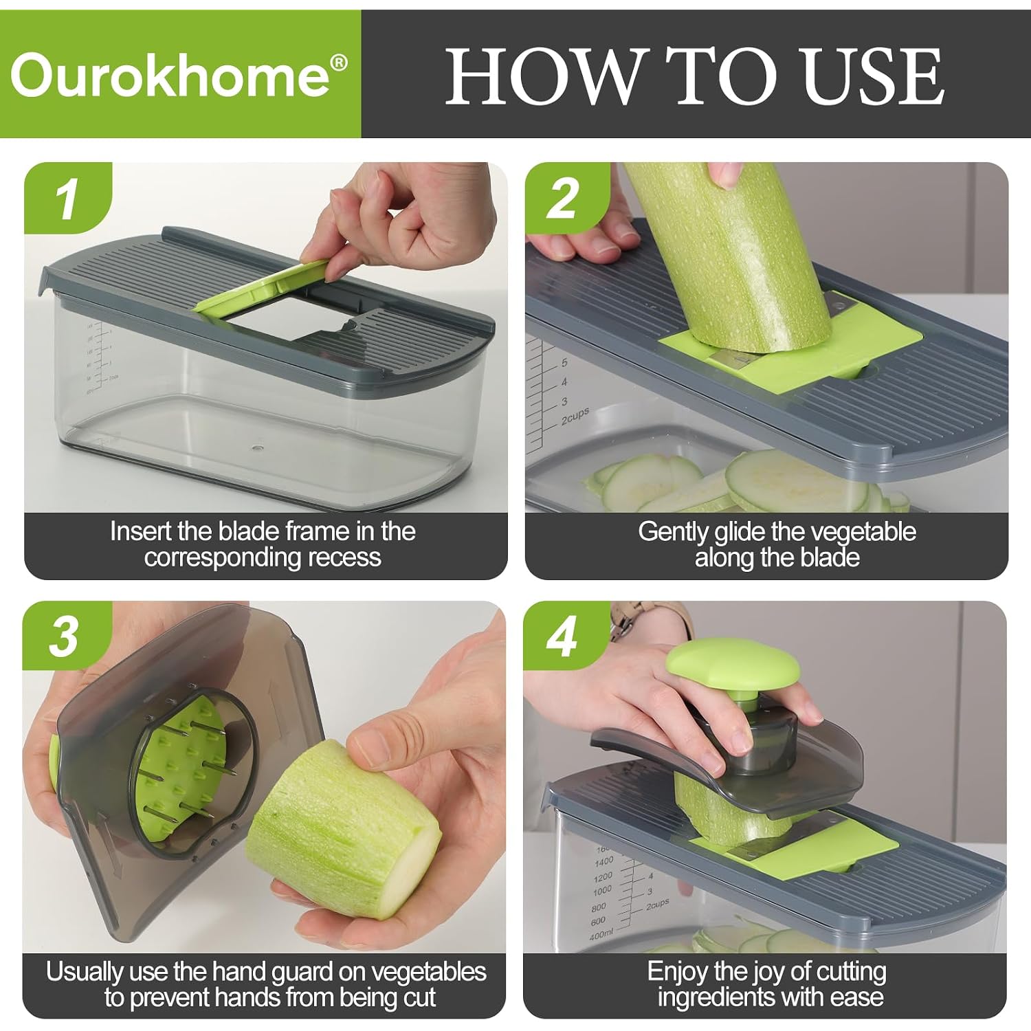 Ourokhome Mandolin Slicer For Kitchen Food, Hand Safe Vegetable Shredder With 6 Mandoline Blades, Veggie Waffle Cutter For Potato, Carrot, Zucchini, Onion, Essential Kitchen Gadgets (6 In 1, Gray)