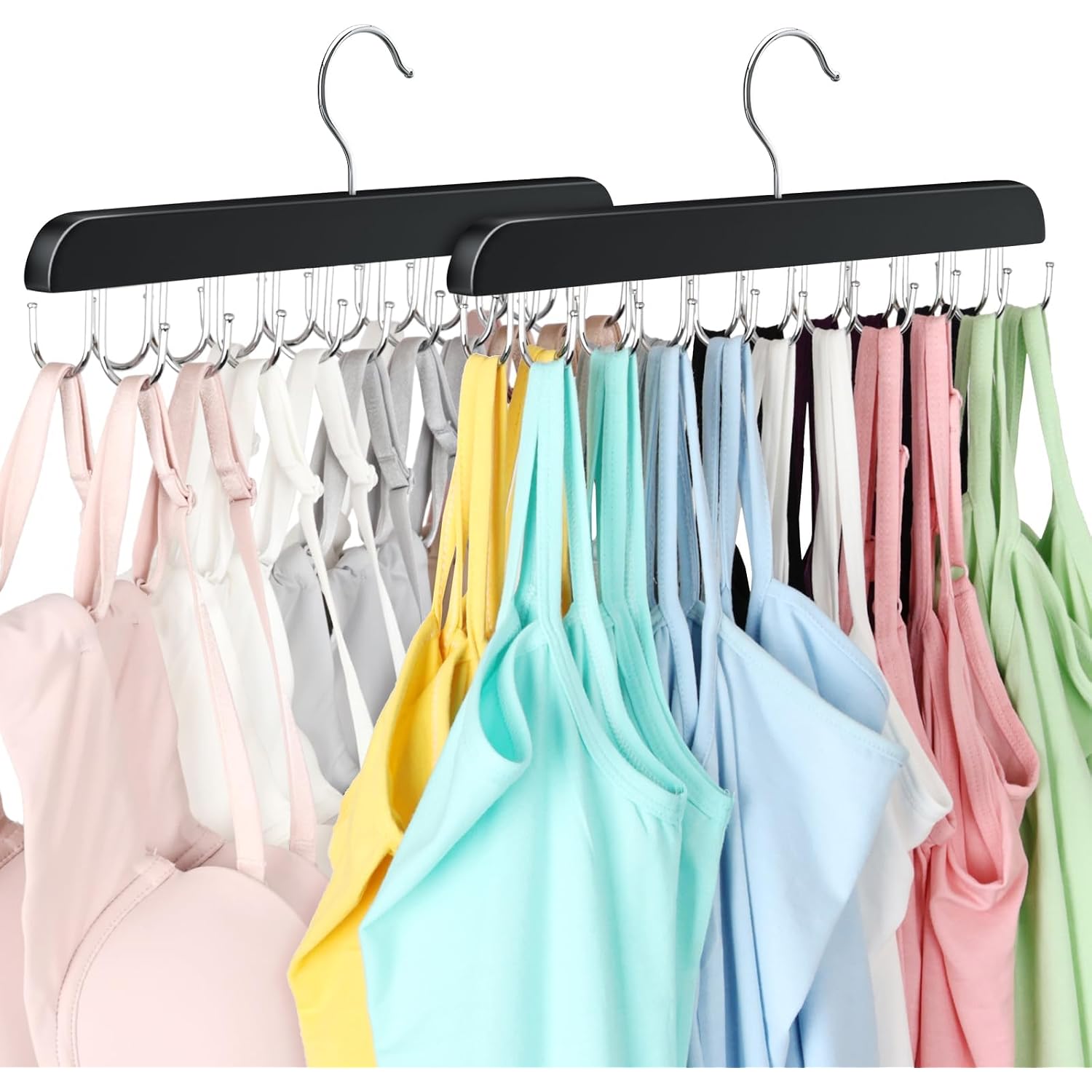 Tank Top Hanger With 40 Hooks For Closet Organizer, Premium Wood Bra Hanger | 2 Pack Foldable Space Saving Hangers Closet Organizers And Storage, Closet Accessories Multi Hook Hanger For Dorm & Apartment