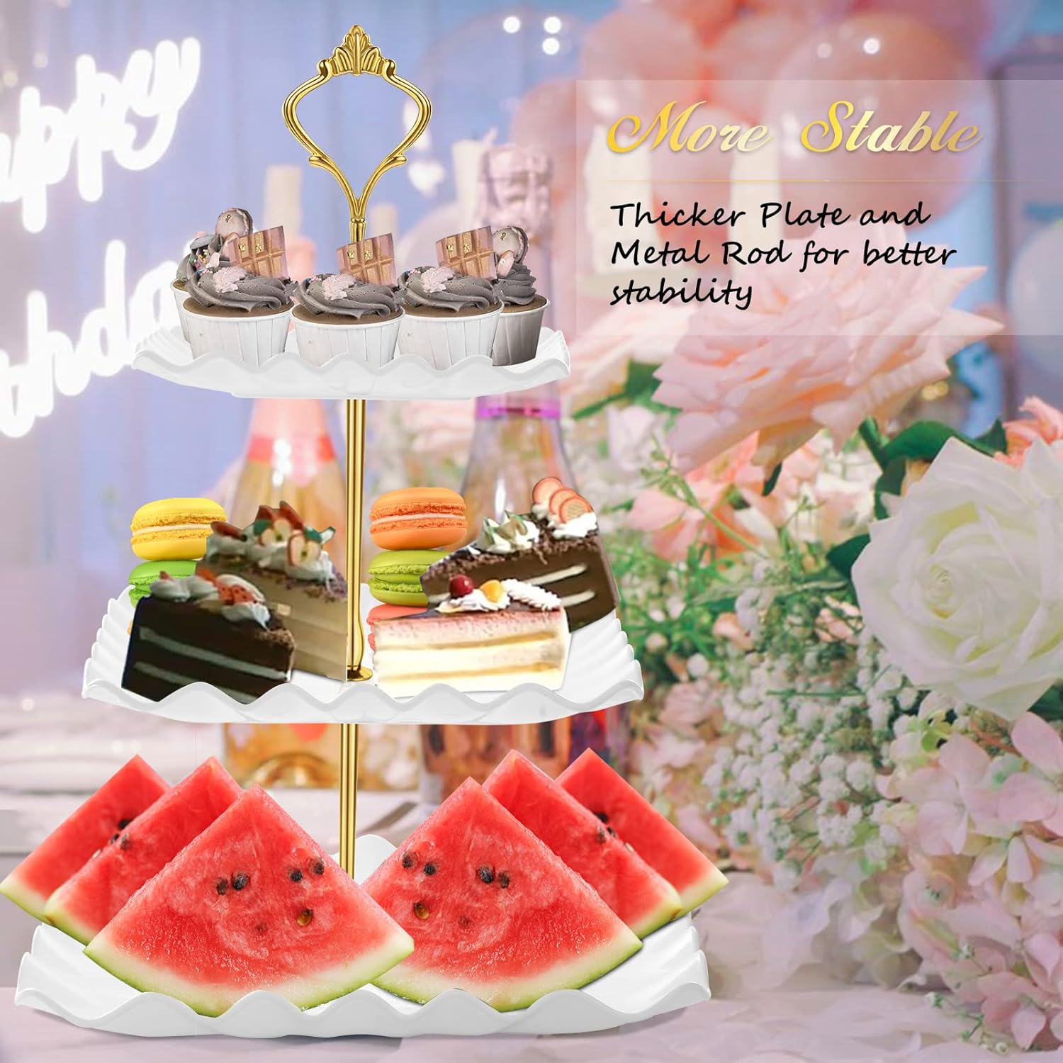 DAFURIET Dessert Cupcake Stand, 3 Tier Cup Cake Holder Tower for Tea Party/Birthday/Wedding, Plastic Tiered Serving Tray with Metal Rod, White