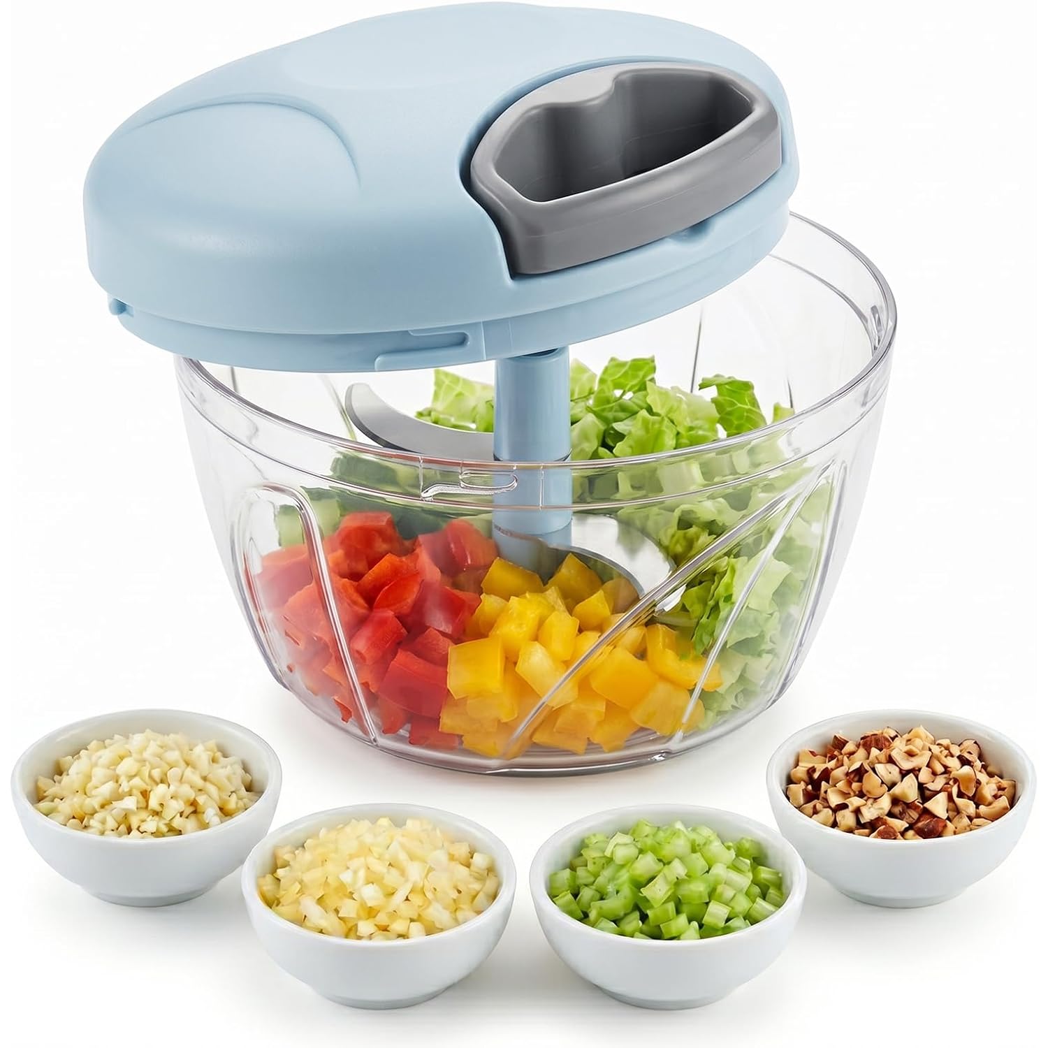 Manual Food Processor, Hand Pull Vegetable And Herb Chopper, Easy Use Bpa Free Manual Cutter For Quick Prep For Ginger Fruits Garlic Nuts Onion, Blue