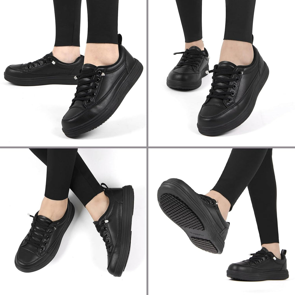 Treesky Black Slip On Non Slip Work Shoes For Women, Faux Leather Sneakers | Slip Resistant Soles, Water Resistant Faux Leather, Wipe Clean, Eva Cushioning, No-Tie Slip-On, For Kitchen & Food Service