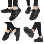 Treesky Black Slip On Non Slip Work Shoes For Women, Faux Leather Sneakers | Slip Resistant Soles, Water Resistant Faux Leather, Wipe Clean, Eva Cushioning, No-Tie Slip-On, For Kitchen & Food Service