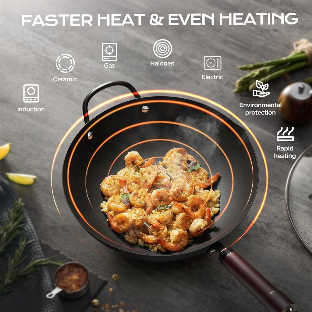 Wok, 13 Inch Carbon Steel Woks & Stir-Fry Pans Nonstick | Pre-Seasoned 5.8Qt Flat Bottom Chinese Wok Paella Pan With Lid,Pfoa/Ptfe Free Cookware Compatible With All Cooktops