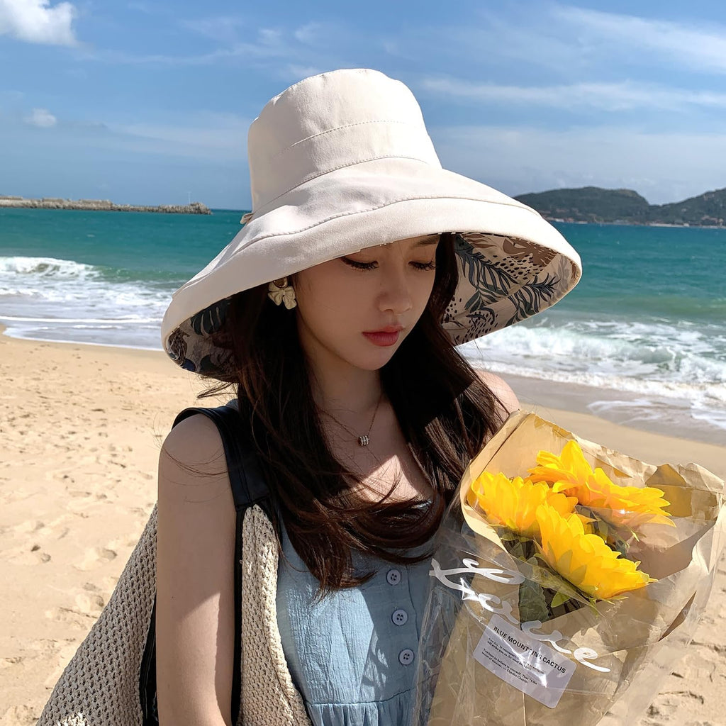 HUAMULAN Women Wide Brim Summer Sun Hat Wired Edge Beach Bucket Fishing Hats Reversible Foldable Travel UV Protection