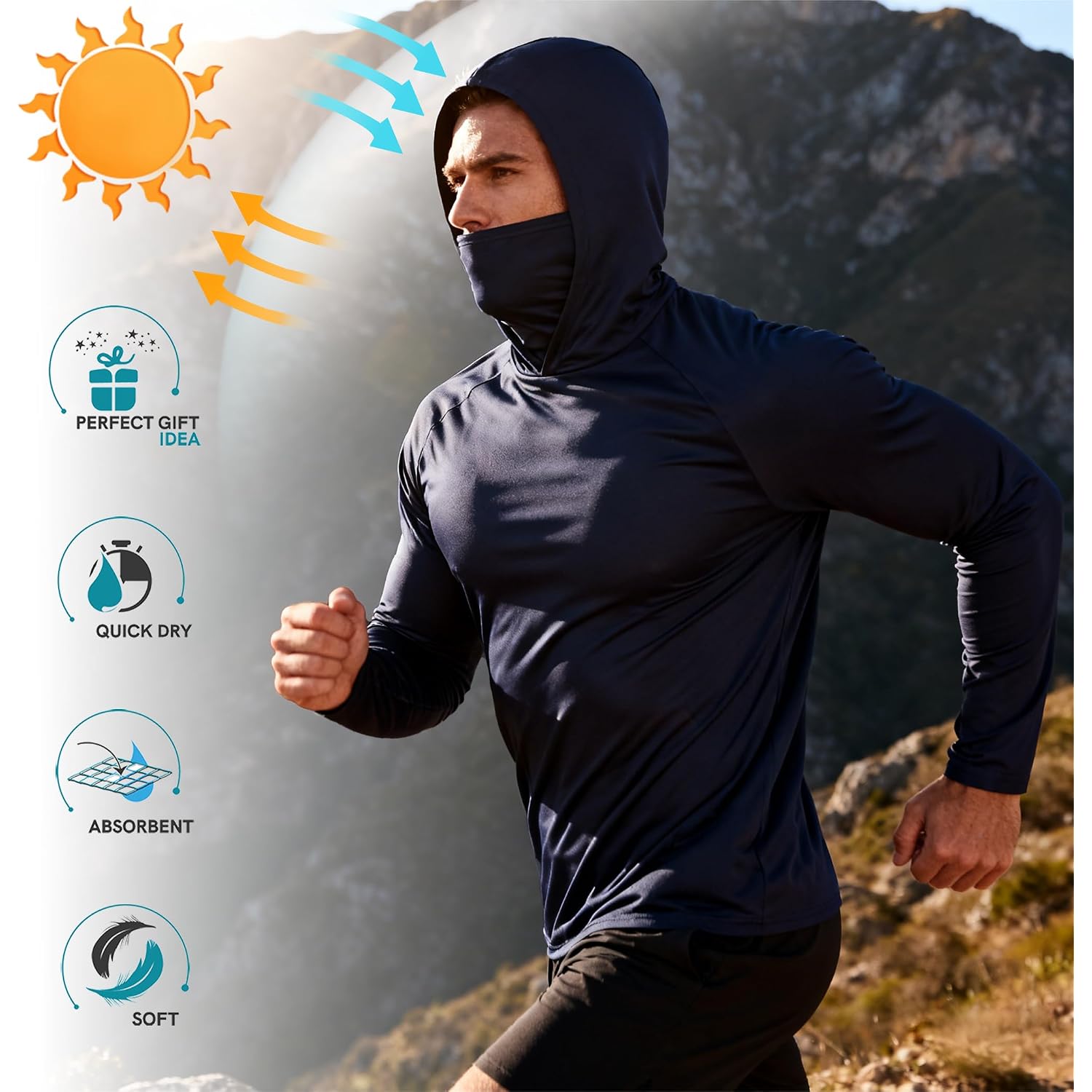 Hovsiyla Mens Fishing Hoodie Uv Sun Protection Shirts Upf Rash Guard Long Sleeve Shirts Hiking Performance Mesh Face Mask Top