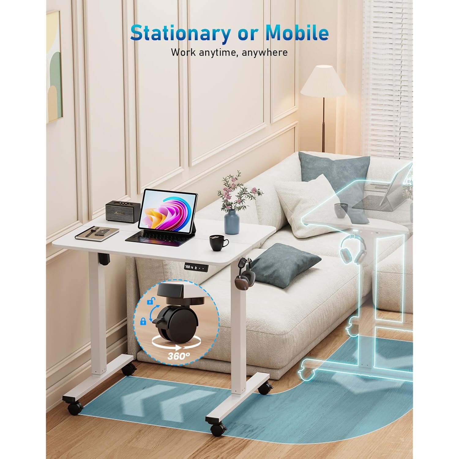 32" Small Electric Rolling Standing Desk Adjustable Height, Mobile Sit Stand Up Desk With Lockable Casters For Home Office & Computer Workstation, Splice Board, 2 Hooks, White Frame/White Top