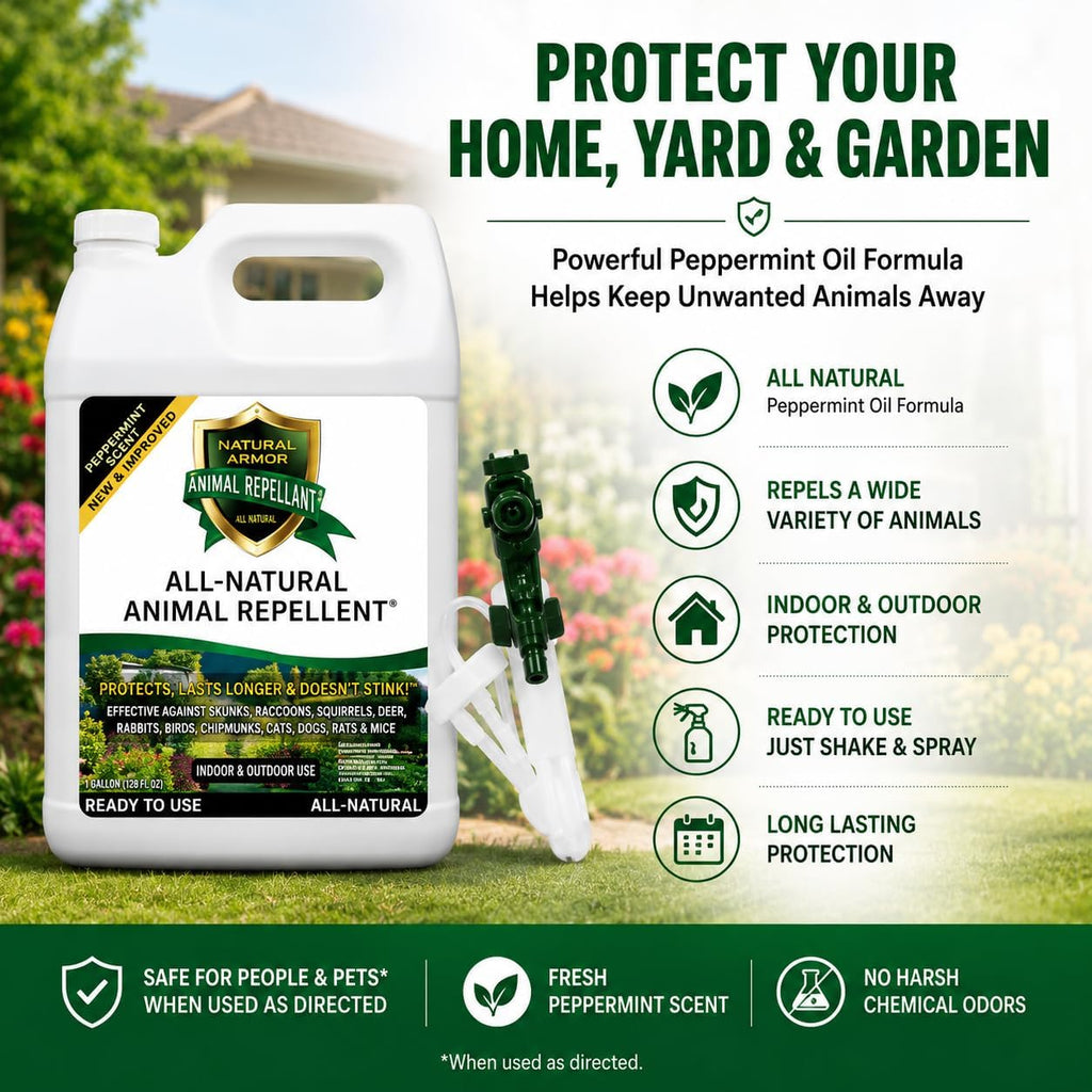 Animal & Rodent Repellent Spray. Repels Skunks, Raccoons, Rats, Mice, Deer Rodents & Critters. Repeller & Deterrent In Powerful Peppermint Formula – 128 Fl Oz Gallon Ready To Use