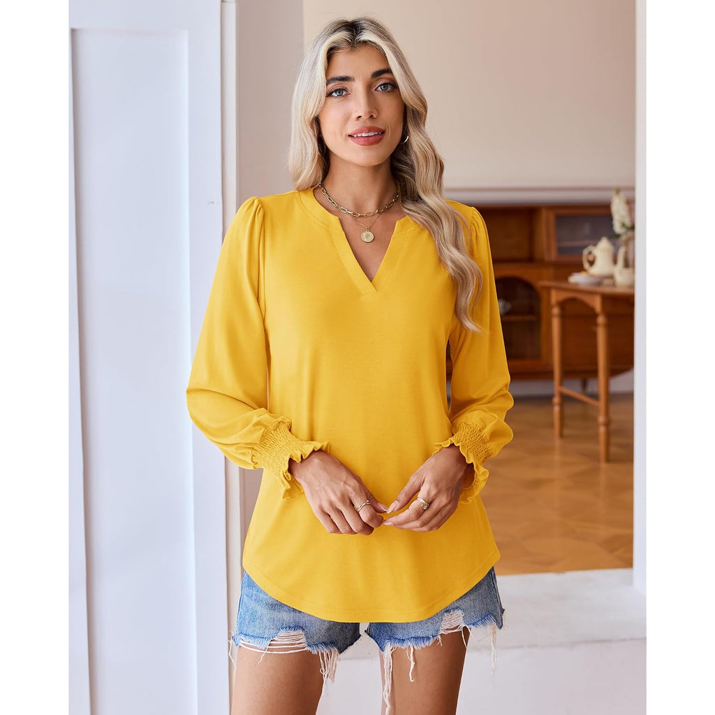 Uhiger Womens Tunic Tops Long Sleeve Blouses for Women Dressy Casual V Neck Tops Shirts Trendy with Smocked Cuffs