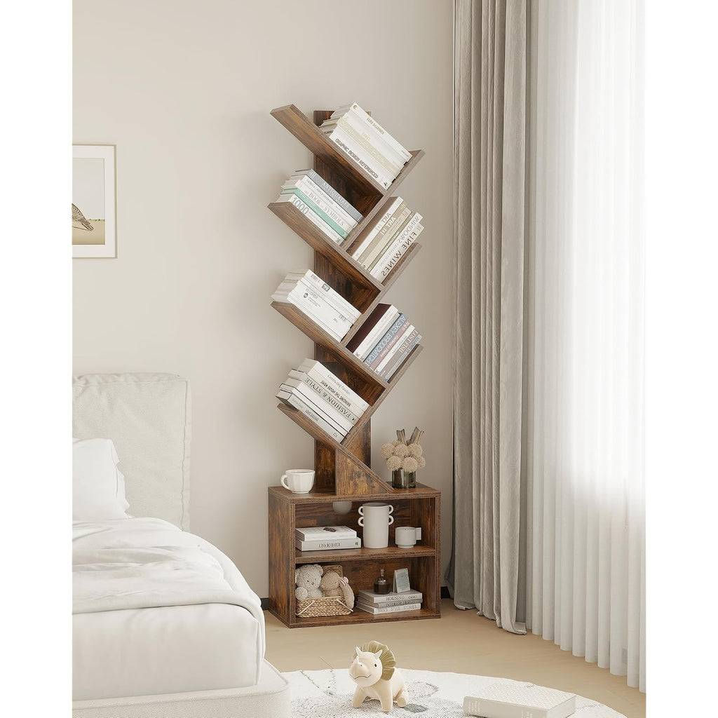 Sunmory 6 Tier Tree Bookshelf, Small Bookcase With Storage Cabinet, Modern Tall Narrow Bookshelves Organizer, Floor Standing Book Shelf For Bedroom/Living Room/Home Office/Corner, Rustic Brown
