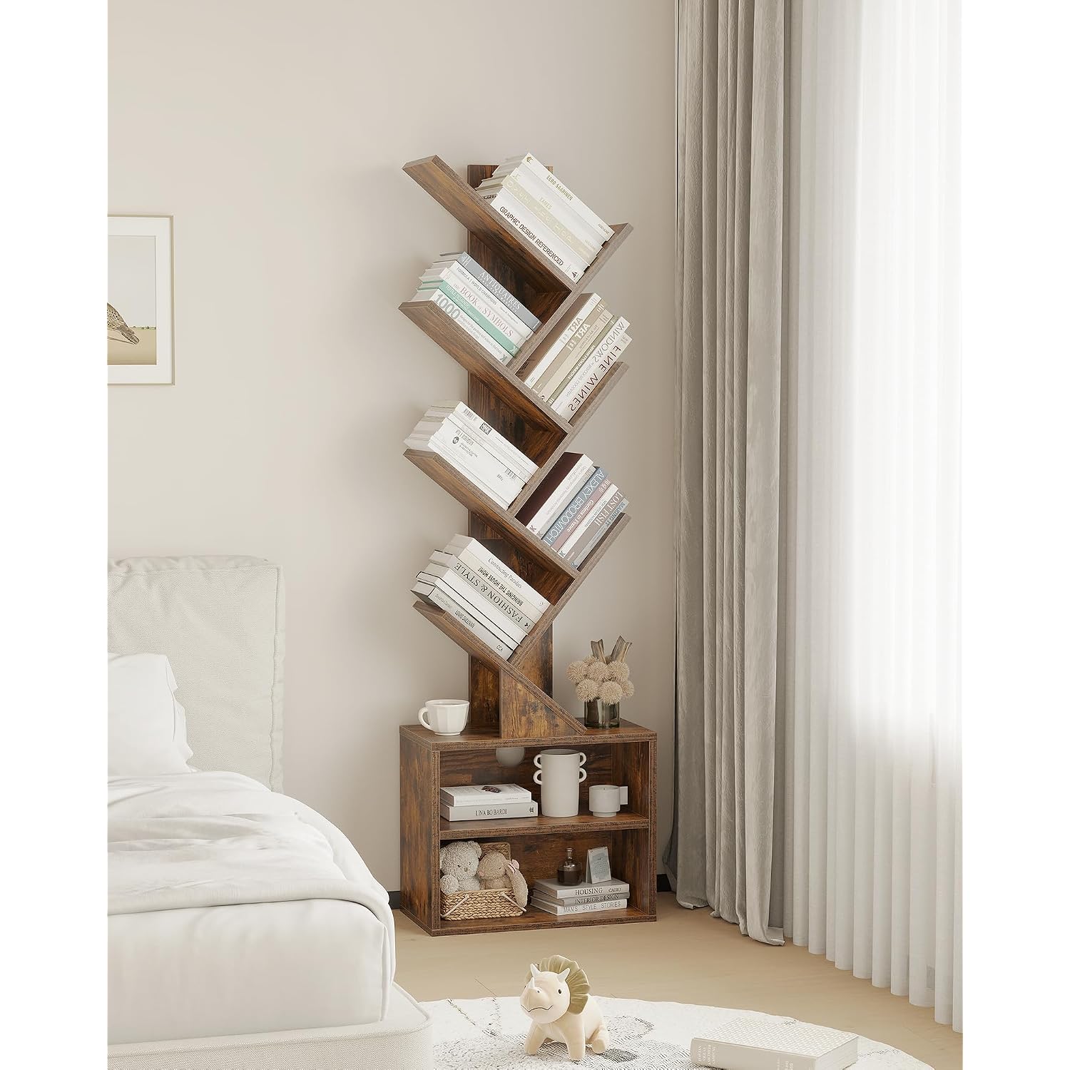 Sunmory 6 Tier Tree Bookshelf, Small Bookcase With Storage Cabinet, Modern Tall Narrow Bookshelves Organizer, Floor Standing Book Shelf For Bedroom/Living Room/Home Office/Corner, Rustic Brown